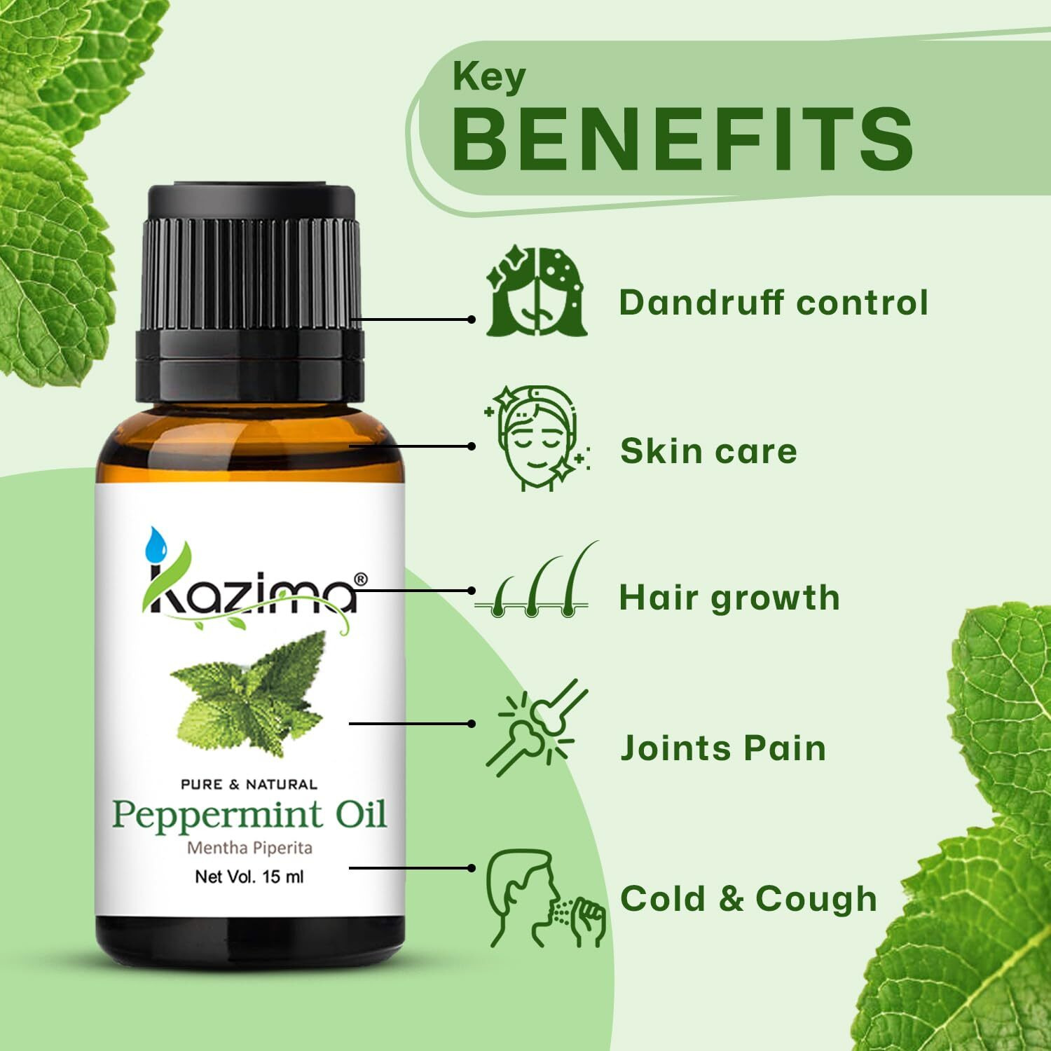 Kazima Peppermint Essential Oil 100% Pure Natural & Undiluted For Skin Care & Hair (15 Ml)