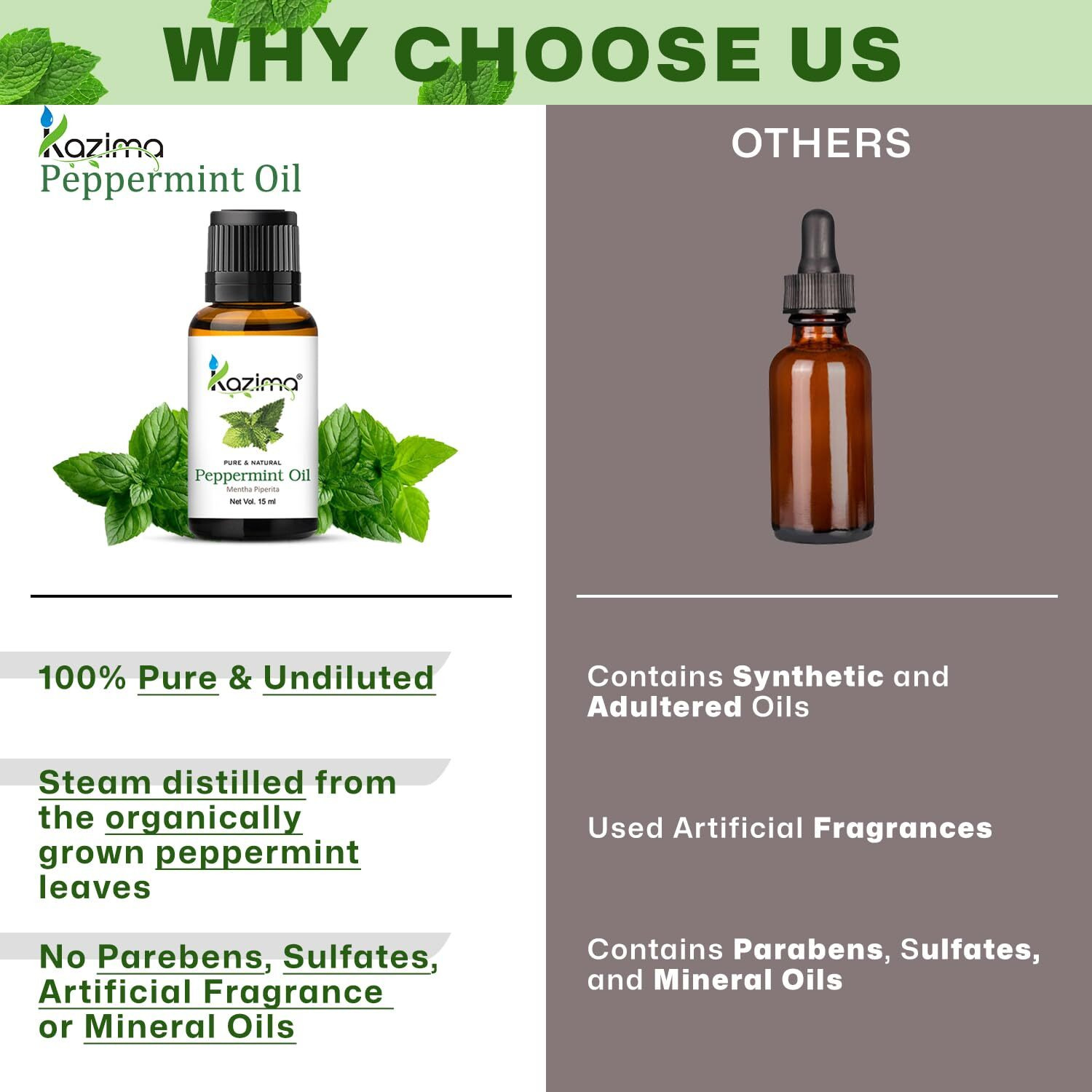 Kazima Peppermint Essential Oil 100% Pure Natural & Undiluted For Skin Care & Hair (15 Ml)