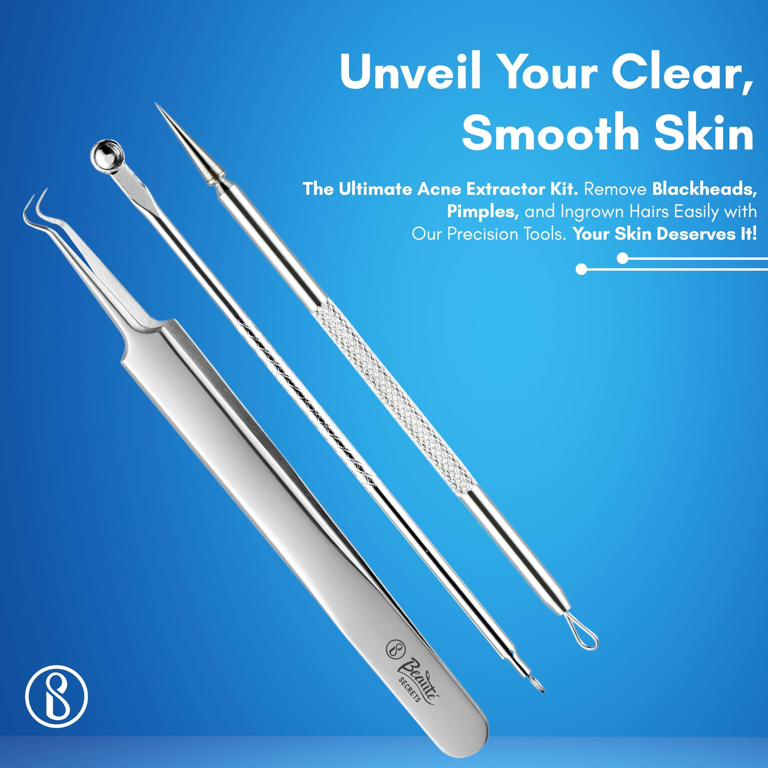 Beaut Secrets Acne Extractor Kit, Blackhead Tweezers And Needle, Pimple Remover Tools, Ingrown Hairs And Facial Impurities Removal Set