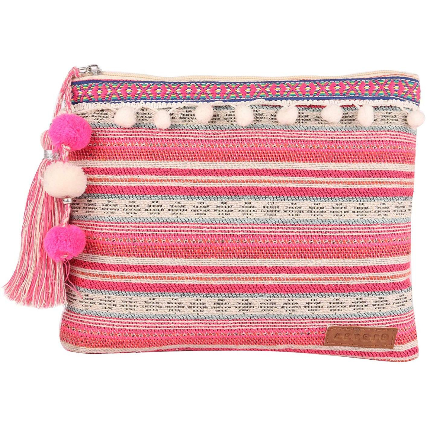 Astrid Pink Cotton Makeup/Travel Pouch With Tassels, 20 Cm,Small