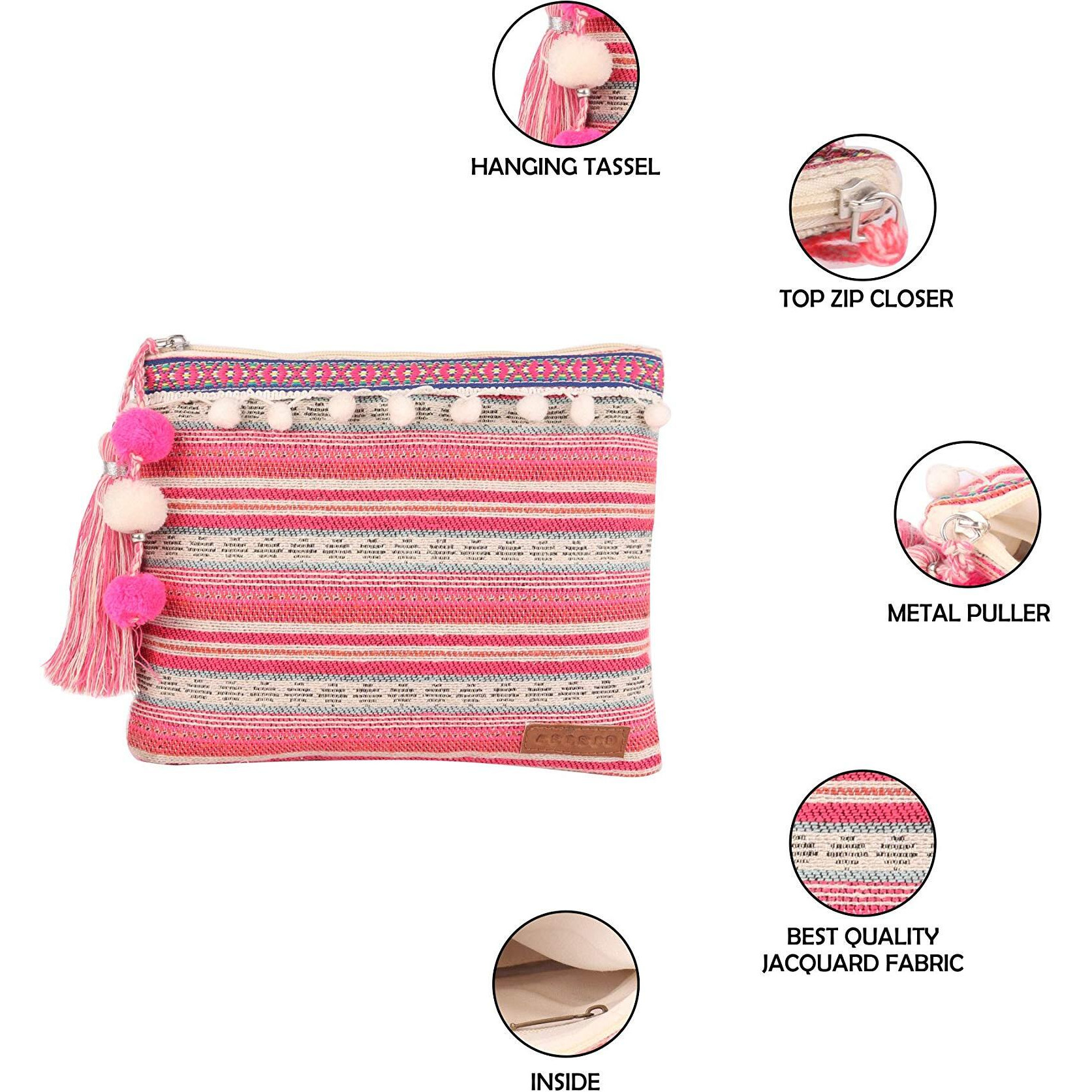 Astrid Pink Cotton Makeup/Travel Pouch With Tassels, 20 Cm,Small