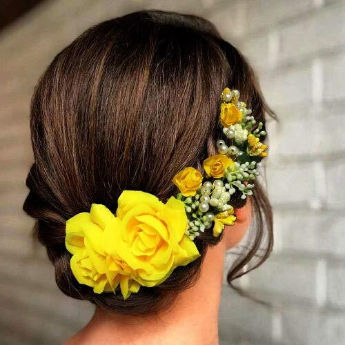 Hair Flare Women's Hair Vein, Rose And Pearl Gajra Style Hair Pin - Hair Bun Accessories For Girls, 2147 Yellow
