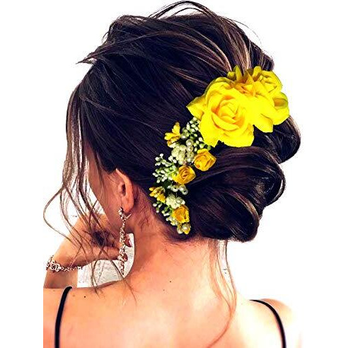 Hair Flare Women's Hair Vein, Rose And Pearl Gajra Style Hair Pin - Hair Bun Accessories For Girls, 2147 Yellow