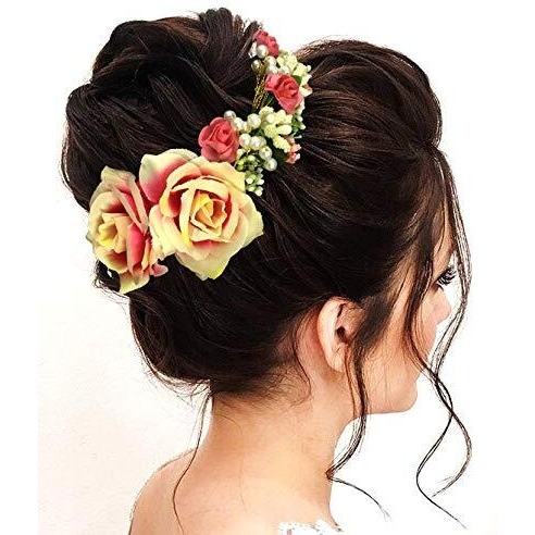 Hair Flare Women's Hair Vein, Rose And Pearl Gajra Style Hair Pin - Hair Bun Accessories For Girls, 2147 Peach