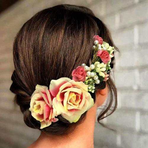 Hair Flare Women's Hair Vein, Rose And Pearl Gajra Style Hair Pin - Hair Bun Accessories For Girls, 2147 Peach