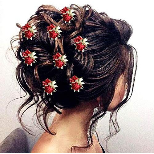 Hair Flare Artificial Rose Hair Pin For Girls, Flowers Hair Accessories For Women, 2148, Red, Pack Of 8