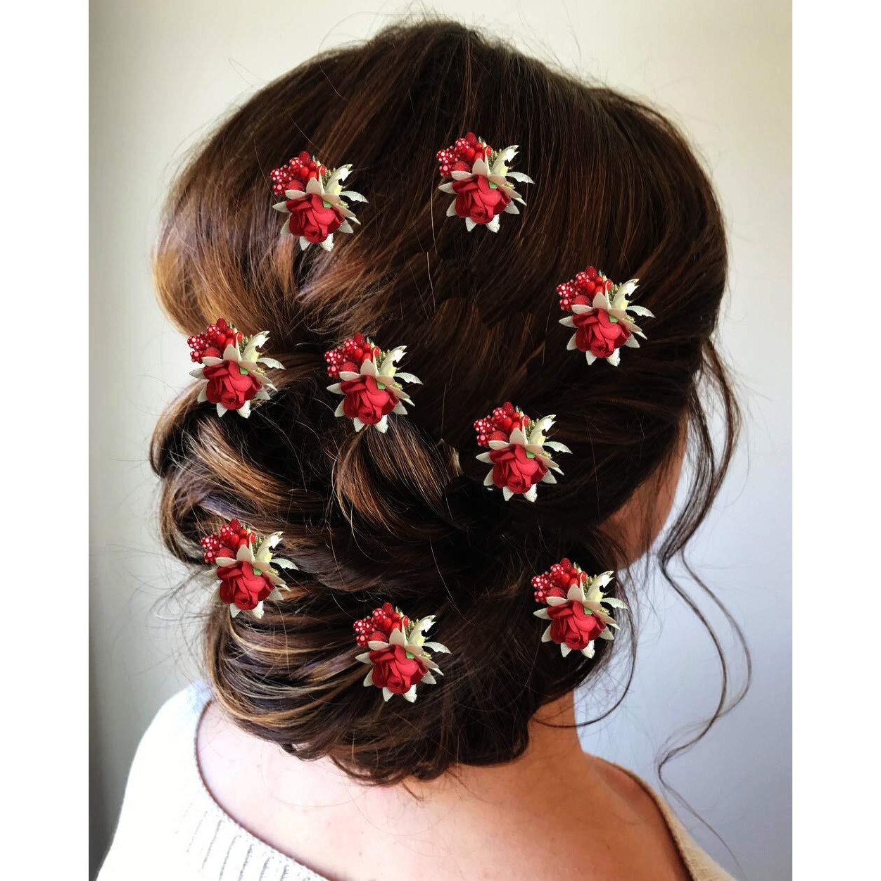 Hair Flare Artificial Rose Hair Pin For Girls, Flowers Hair Accessories For Women, 2148, Red, Pack Of 8
