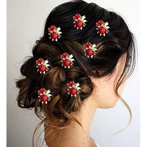 Hair Flare Artificial Rose Hair Pin For Girls, Flowers Hair Accessories For Women, 2148, Red, Pack Of 8
