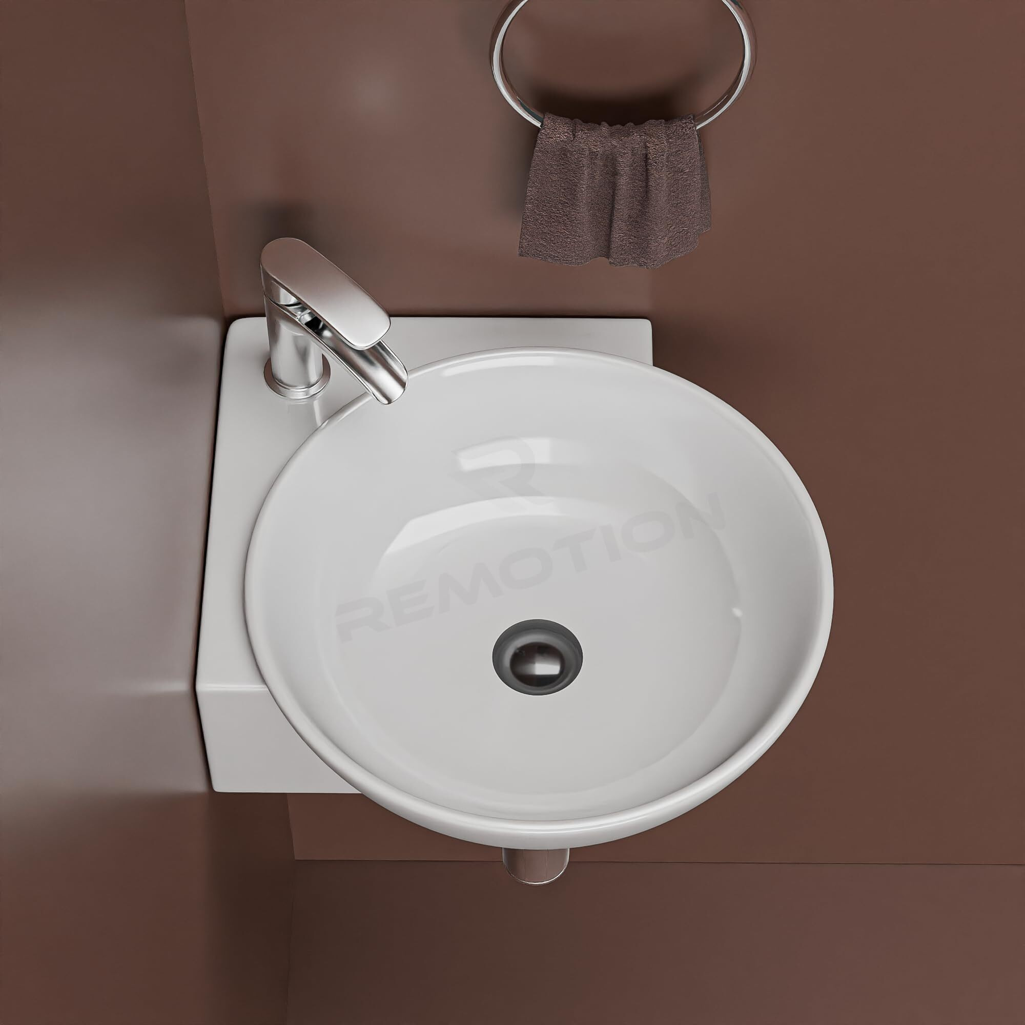 Remotion Wall Mounted Wash Basin For Bathroom | Ceramic Wash Basin | Wall Hung Small Corner Wash Basin/Sink (16.3 X 13.8 X 4.3 Inch) (Plain White)
