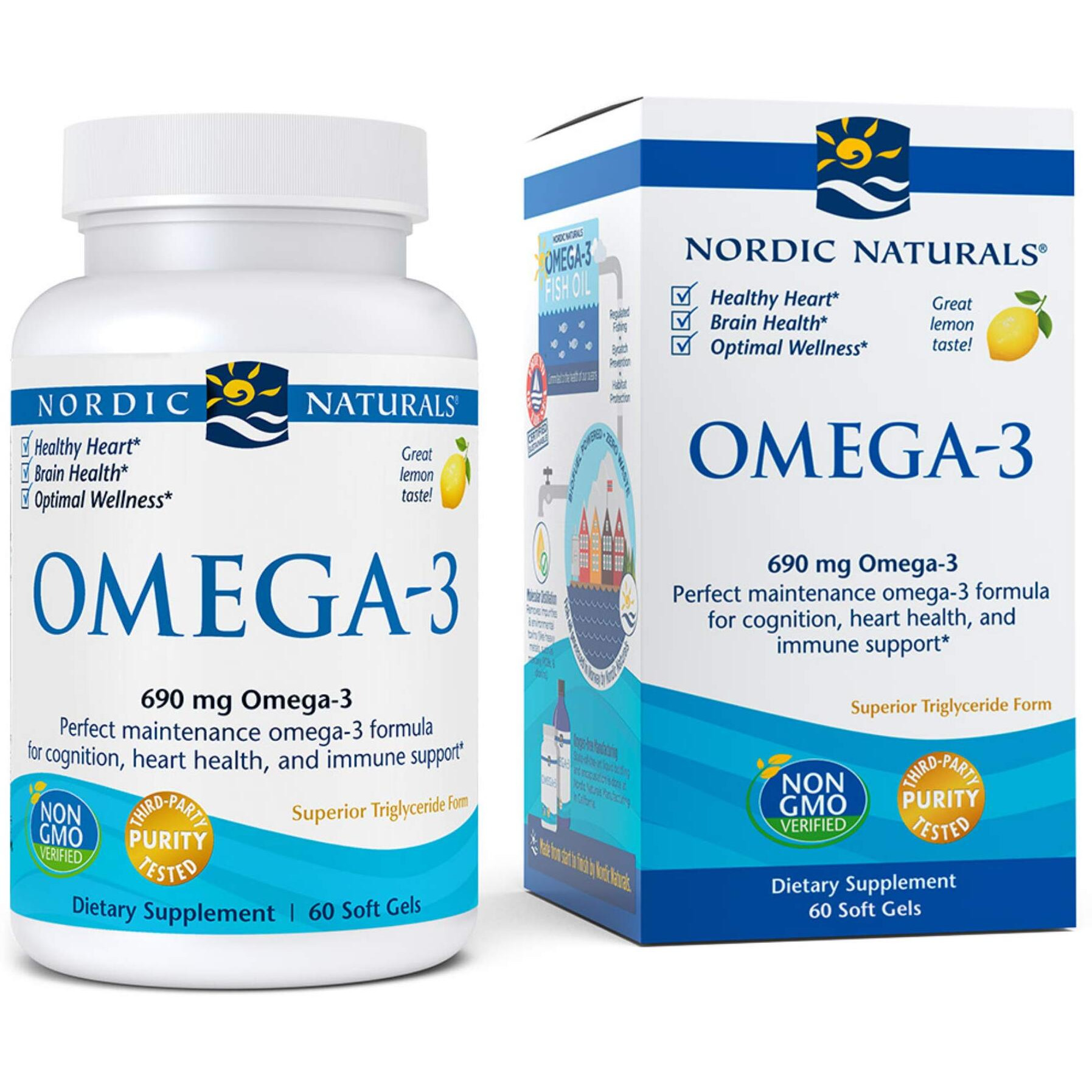 Nordic Naturals Omega 3 Fish Oil Epa And Dha | 690Mg Omega 3 Fish Oil Support Brain, Heart Health & Immunity | Omega Fish Oil For Men & Women Lemon Fish Oil Flavour 60 Softgels
