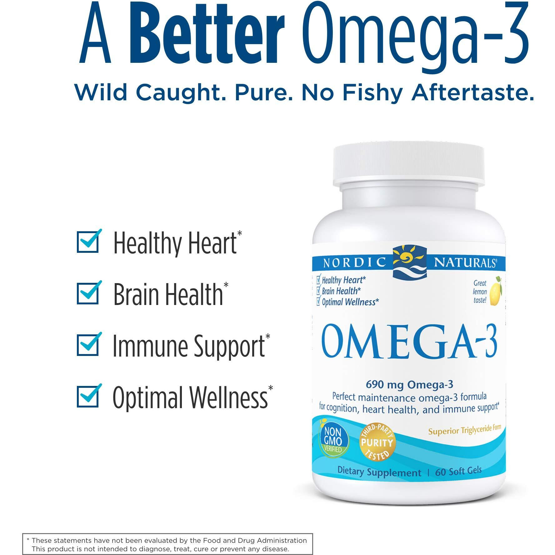 Nordic Naturals Omega 3 Fish Oil Epa And Dha | 690Mg Omega 3 Fish Oil Support Brain, Heart Health & Immunity | Omega Fish Oil For Men & Women Lemon Fish Oil Flavour 60 Softgels