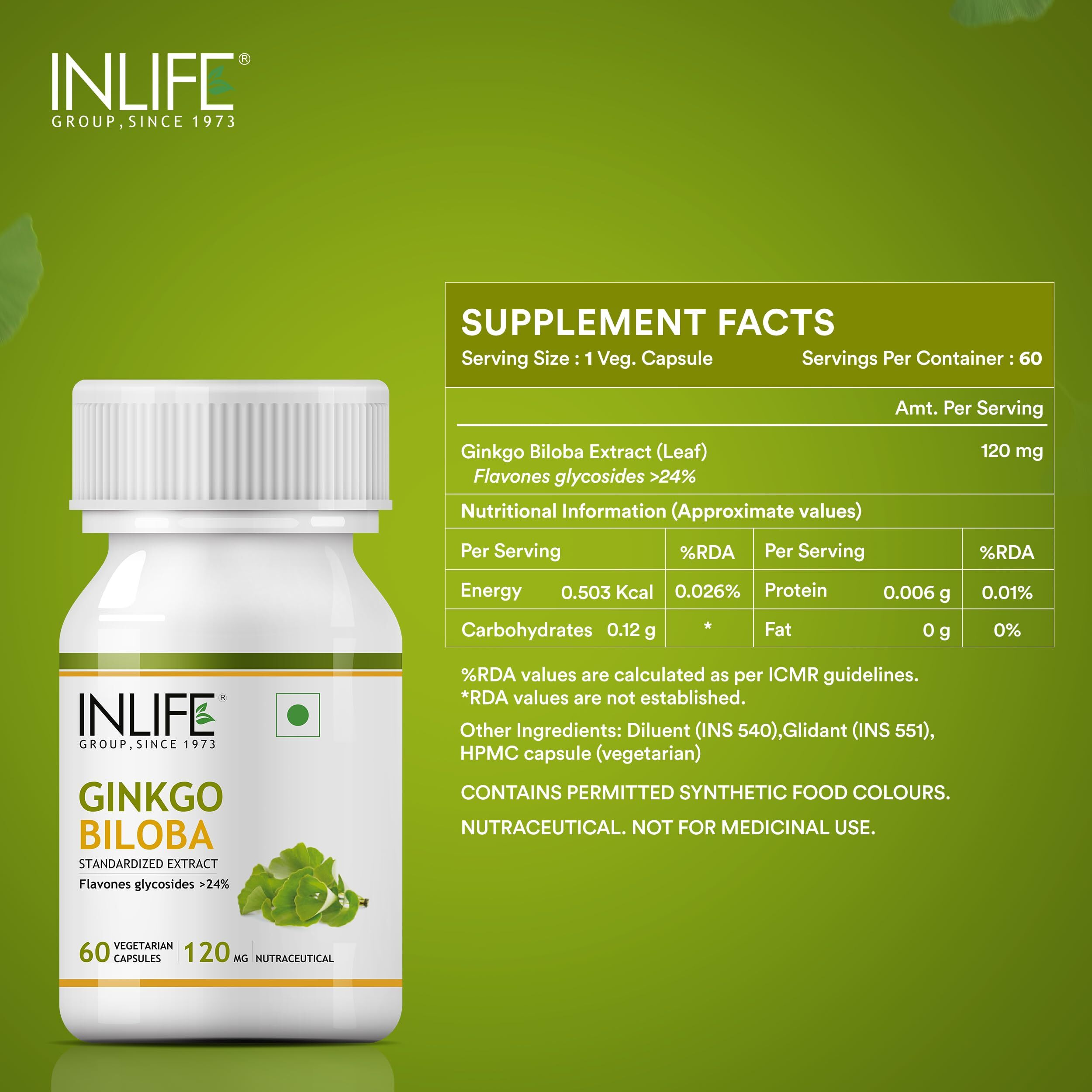 Inlife Ginkgo Biloba Extract Capsules 120Mg | Herbal Supplement | Memory Support - 60 Vegetarian Capsules (Pack Of 1, 60)