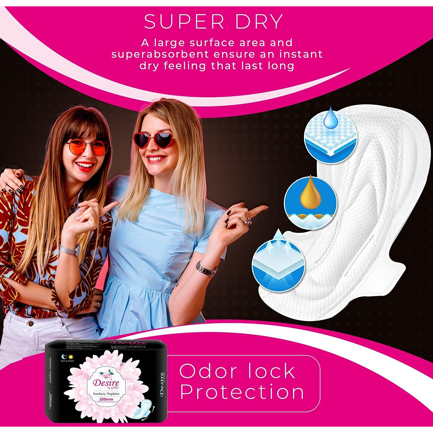 Glider Extra Long Overnight Protection With Wings Sanitary Pads For Women, Xl+ (Pack Of 3 (90 Count))