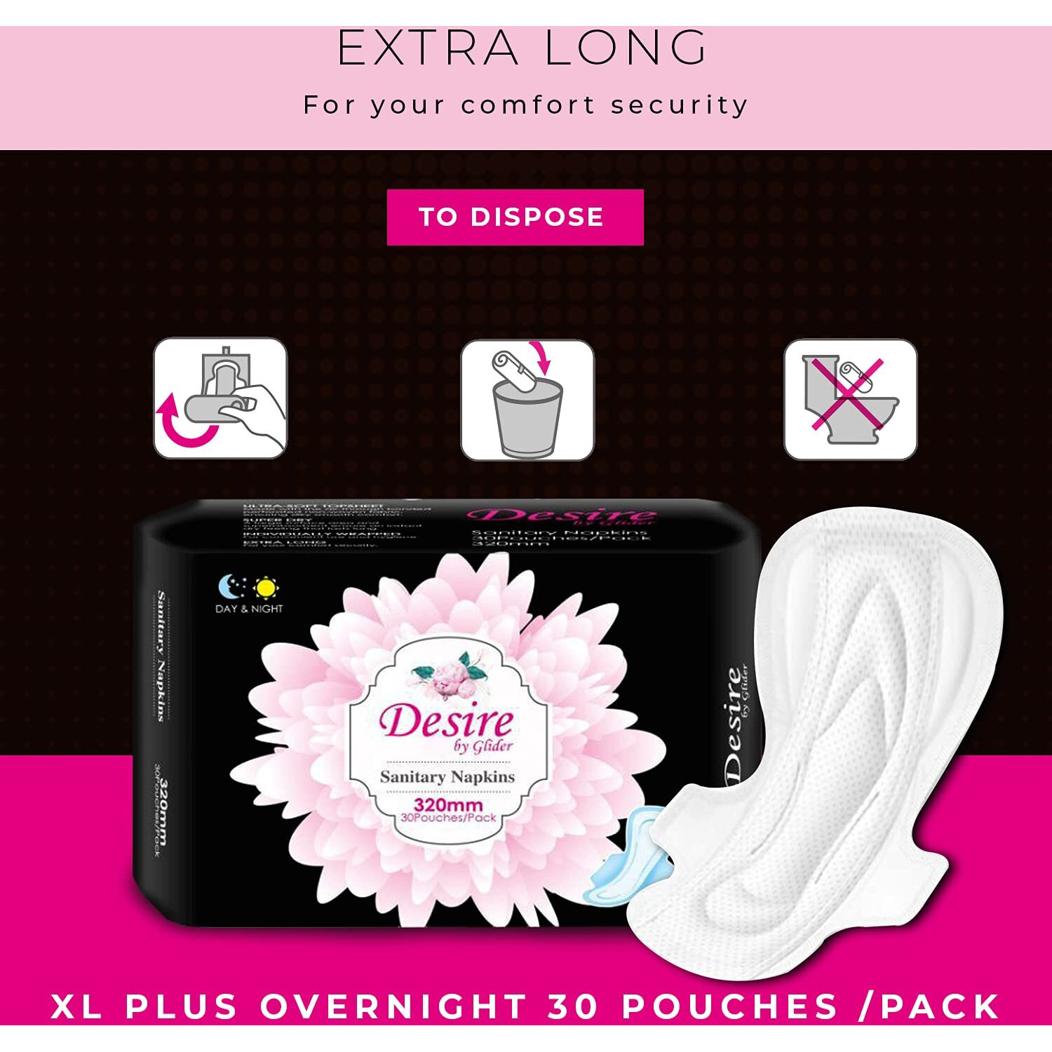 Glider Extra Long Overnight Protection With Wings Sanitary Pads For Women, Xl+ (Pack Of 2 (60 Count))