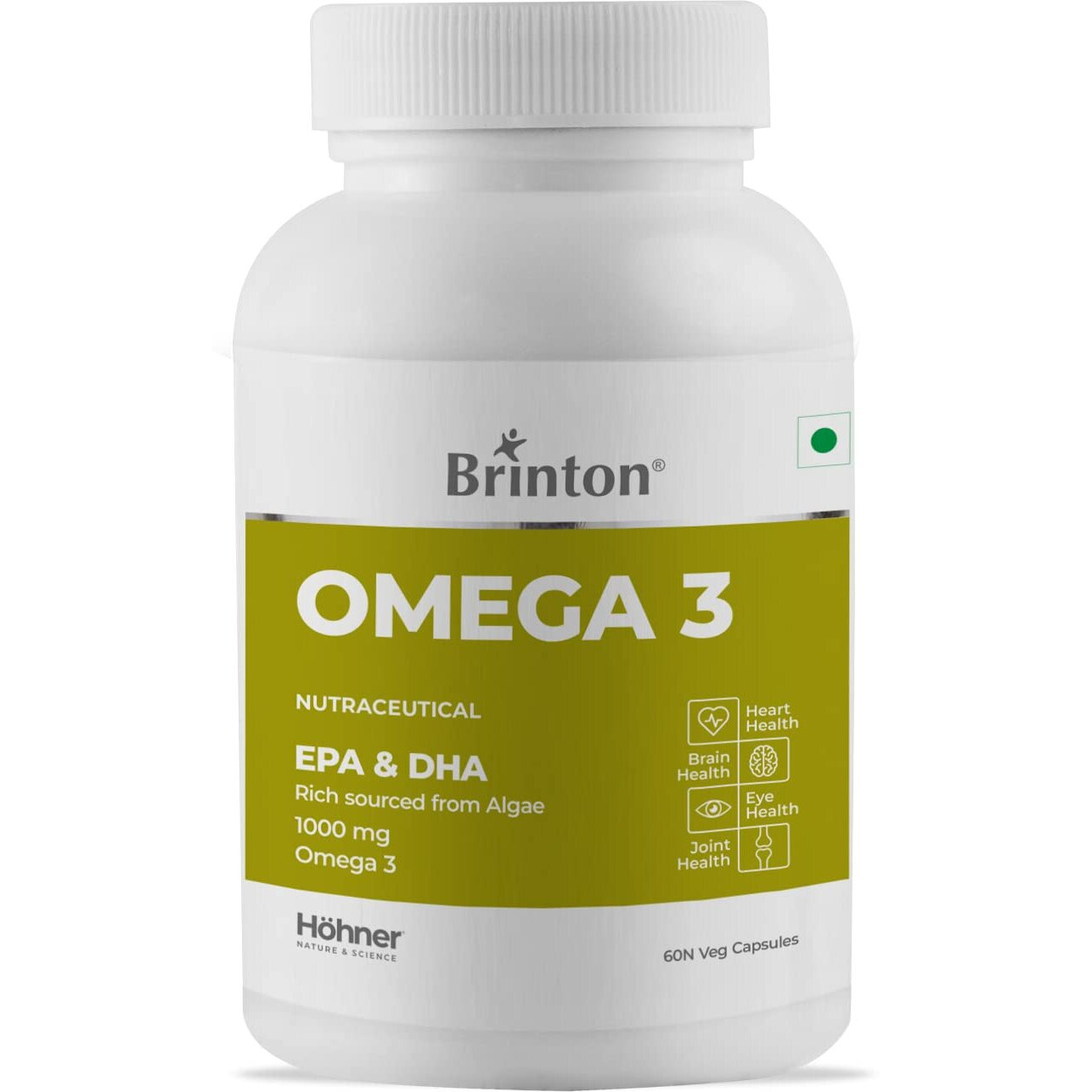 Hohner Omega 3 Veg, Epa And Dha Rich Sourced From Green Algae 1000Mg | 60 Veg Capsules Health Supplement For Brain, Heart, Eye, Joint