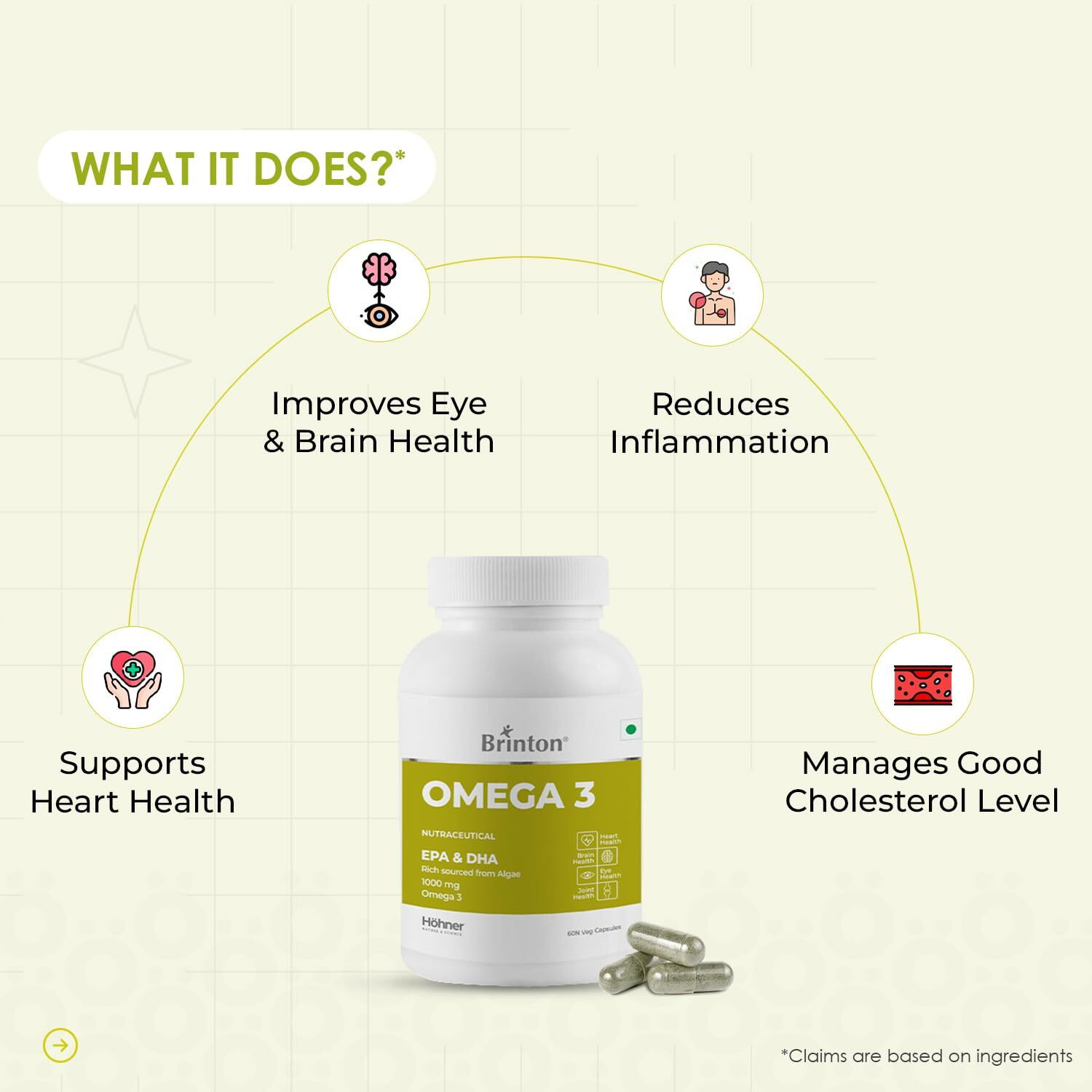 Hohner Omega 3 Veg, Epa And Dha Rich Sourced From Green Algae 1000Mg | 60 Veg Capsules Health Supplement For Brain, Heart, Eye, Joint