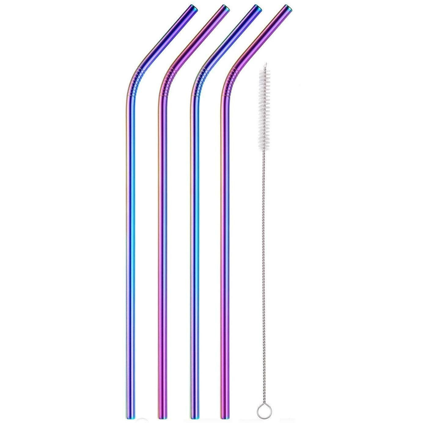 Fancyku Stainless Steel Straws For Drinking With Brushes 4 Bent + 1 Brushes Set Of 5 (Rainbow Colour)