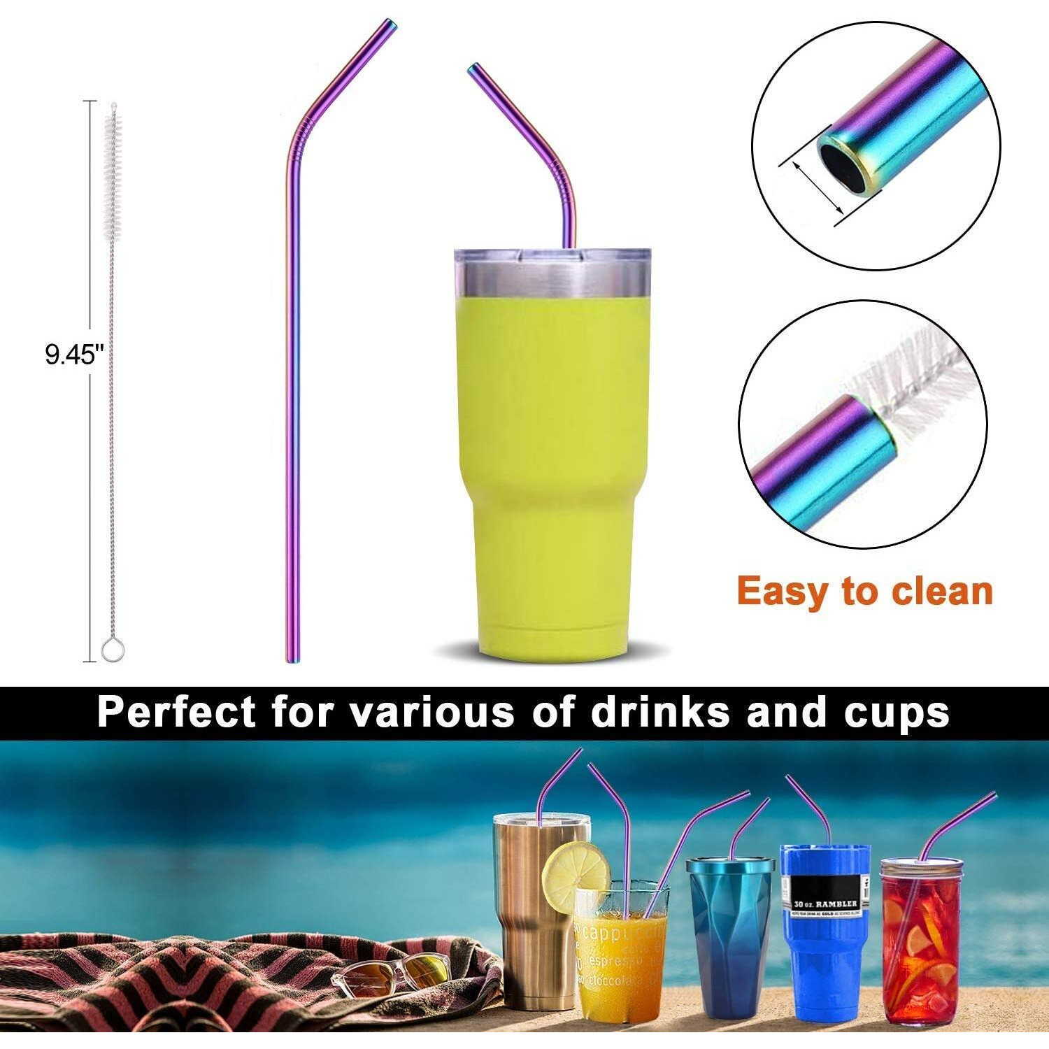 Fancyku Stainless Steel Straws For Drinking With Brushes 4 Bent + 1 Brushes Set Of 5 (Rainbow Colour)