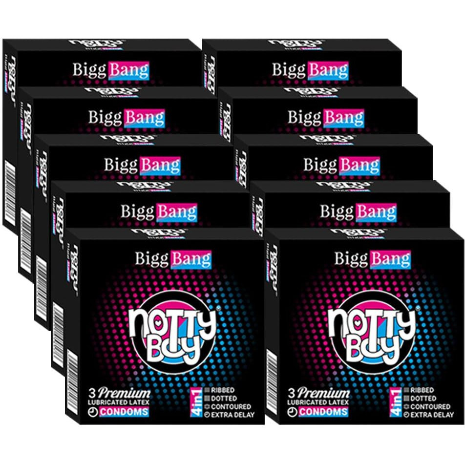 Notty Boy Biggbang 4-In-1 Delay Ribbed Dotted Contoured Extra Time Condom For Men - 30 Count | 4In1 Multi Textured, Natural And Comfort Feel | Ribs And Dots