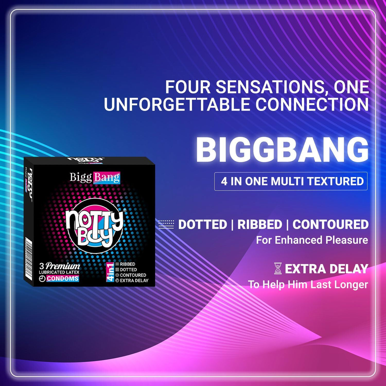 Notty Boy Biggbang 4-In-1 Delay Ribbed Dotted Contoured Extra Time Condom For Men - 30 Count | 4In1 Multi Textured, Natural And Comfort Feel | Ribs And Dots