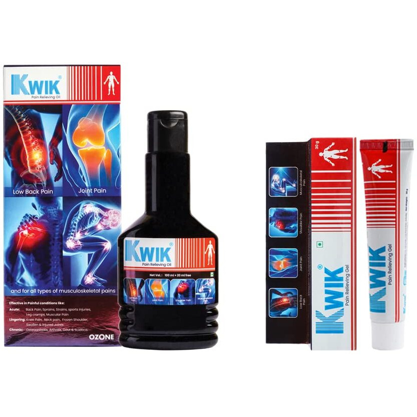 Ozone Kwik Pain Relief Combo With Cinnamomum & Mahanarayan Oil | Ayurvedic Pain Relief Oil & Gel | For Joint, Back, Knee, Shoulder & Muscle Pain | (Oil 120Ml + Gel 30G)
