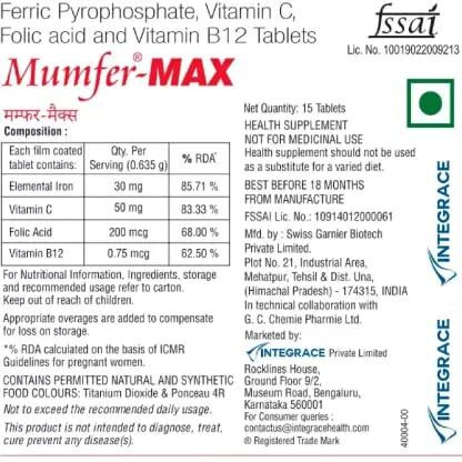 M U M F E R Max (Pack Of 10) 150 Tablets | Iron, Folic Acid Supplement, Vitamin C And Vitamin B12 | Supports Blood Building, Immunity And Energy