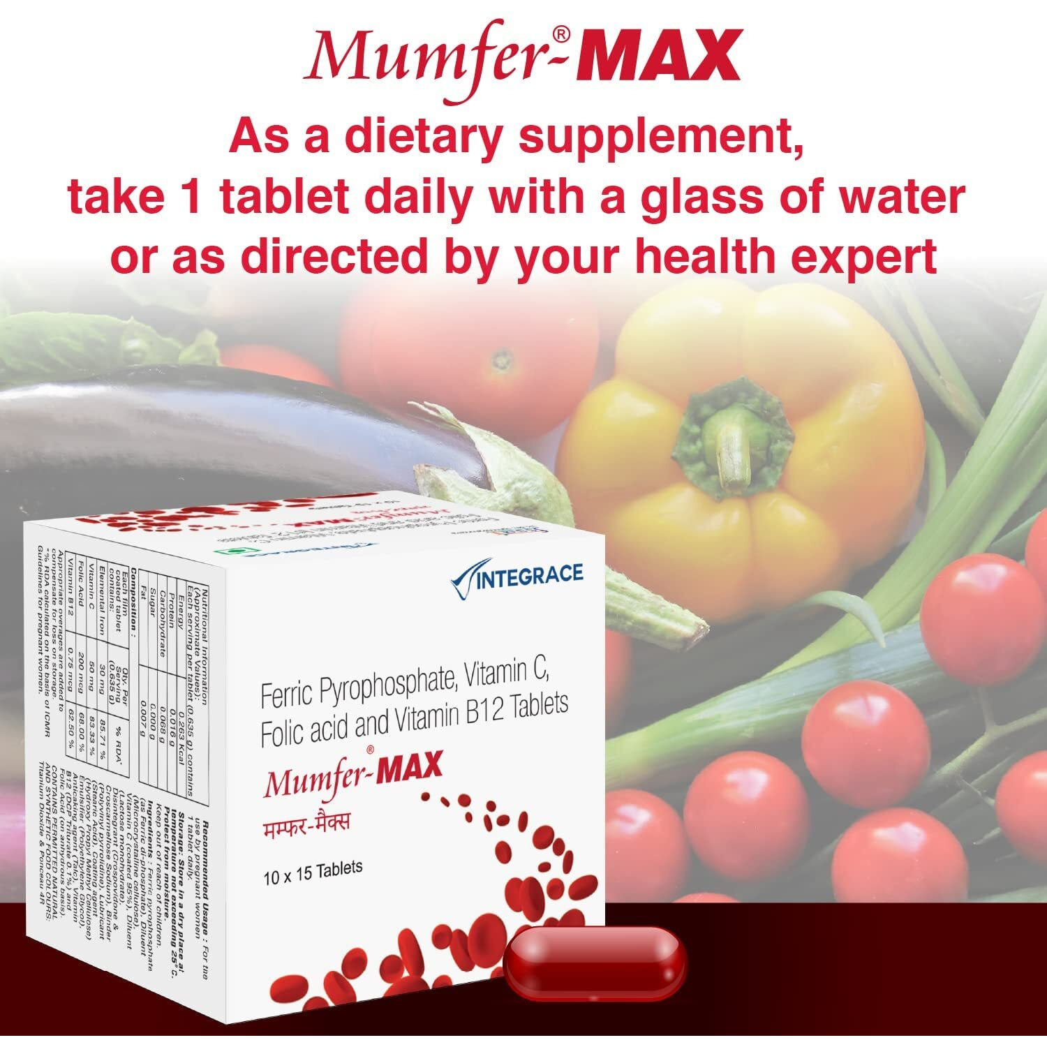 Mumfer-Max (Pack Of 4) 60 Tablets|Iron,Folic Acid Supplement,Vitamin C & Vitamin B12|Supports Blood Building,Immunity & Energy, 100 Grams