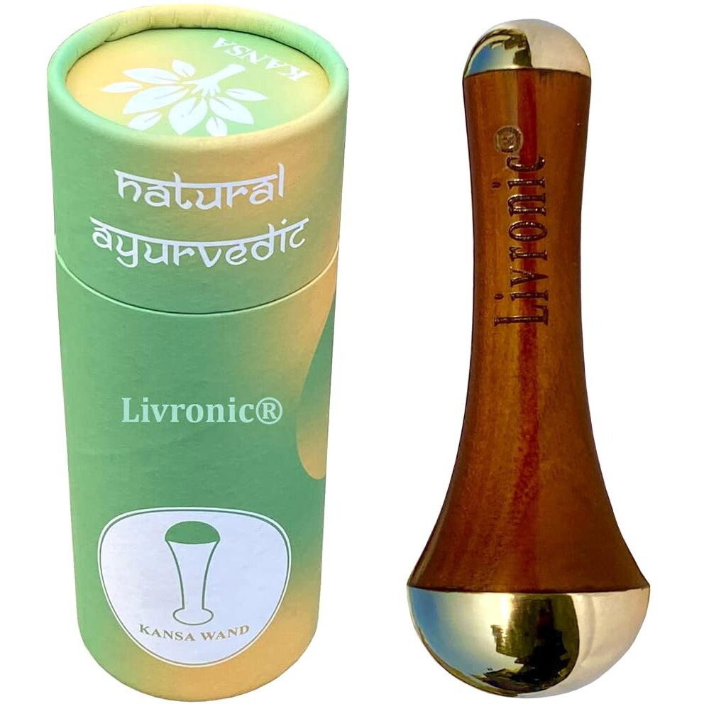 Livronic Ayurvedic Dual Kansa Wand Massager | Both Side Bronze Cap - Ayurveda Face Yoga Beauty Tool - Facial,Neck & Under-Eye Massage With Orginal Teal Wood Handle (Pack Of 1)