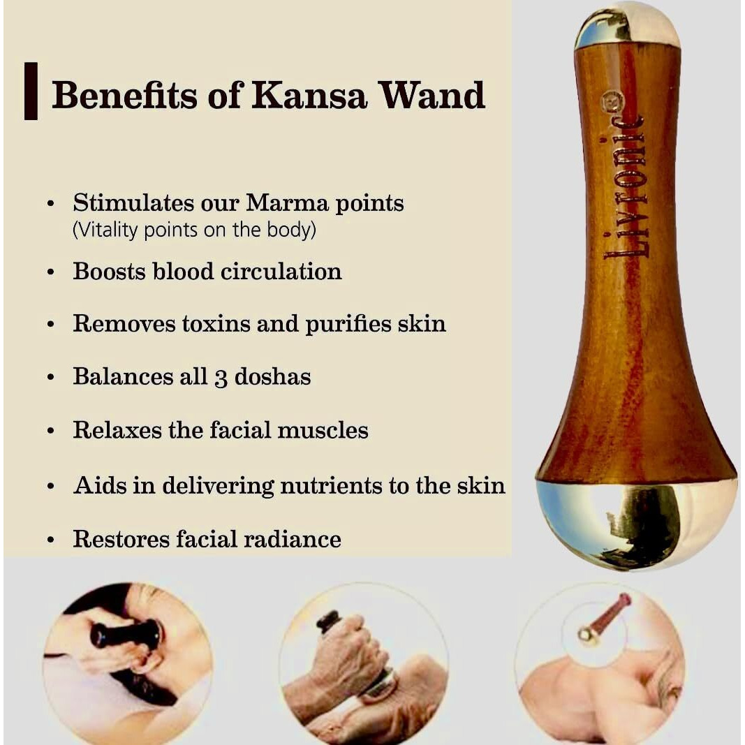 Livronic Ayurvedic Dual Kansa Wand Massager | Both Side Bronze Cap - Ayurveda Face Yoga Beauty Tool - Facial,Neck & Under-Eye Massage With Orginal Teal Wood Handle (Pack Of 1)
