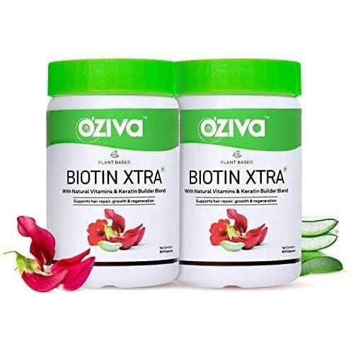 Oziva Plant Based Biotin Xtra For Hair Repair, Regeneration & Growth | Biotin 7000 Mcg+ With Keratin Builder, Sesbania Agati & Aloe Vera (Pack Of 2, (120 Capsules)