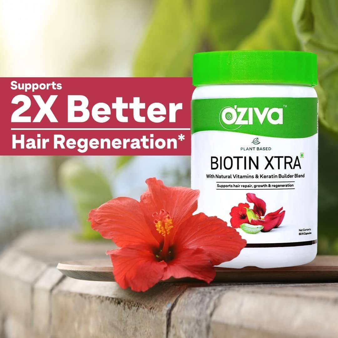 Oziva Plant Based Biotin Xtra For Hair Repair, Regeneration & Growth | Biotin 7000 Mcg+ With Keratin Builder, Sesbania Agati & Aloe Vera (Pack Of 2, (120 Capsules)