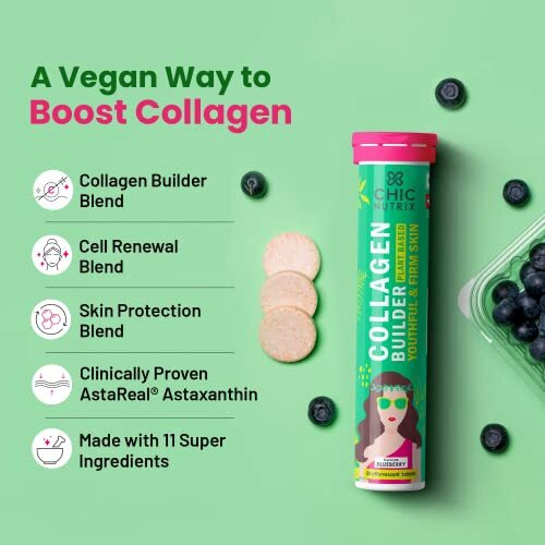 Chicnutrix Plant Based Collagen Builder|Vitamin C&E With Biotin|Bamboo&Acerola Extract|Skin Cell Renewal&Protection For Healthy&Young-Looking Skin|60 Blueberry Flavoured Effervescent Tablets