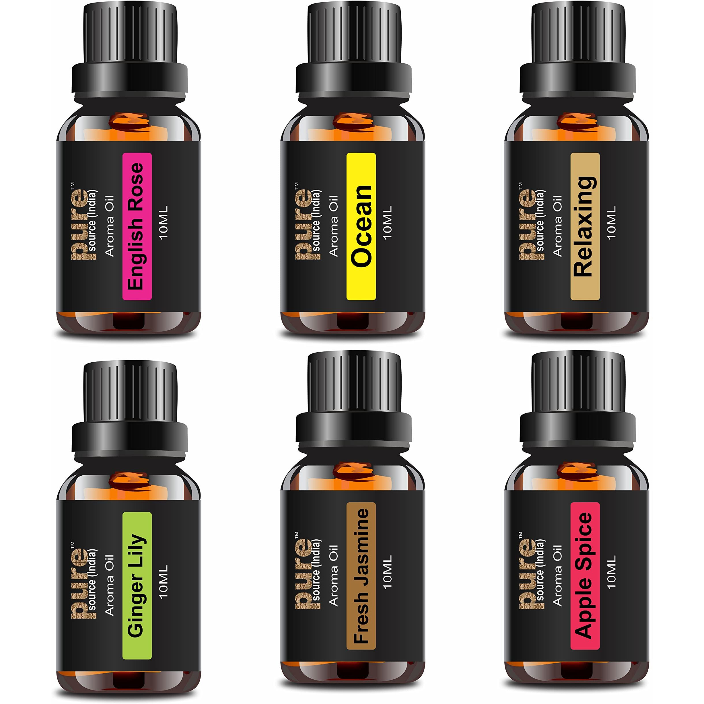 Pure Source India Aroma Diffuser Oil (Relaxing, English Rose, Fresh Jasmine, Apple Spice, Ocean And Ginger Lily), 10Ml Each, Multicolor - Pack Of 6