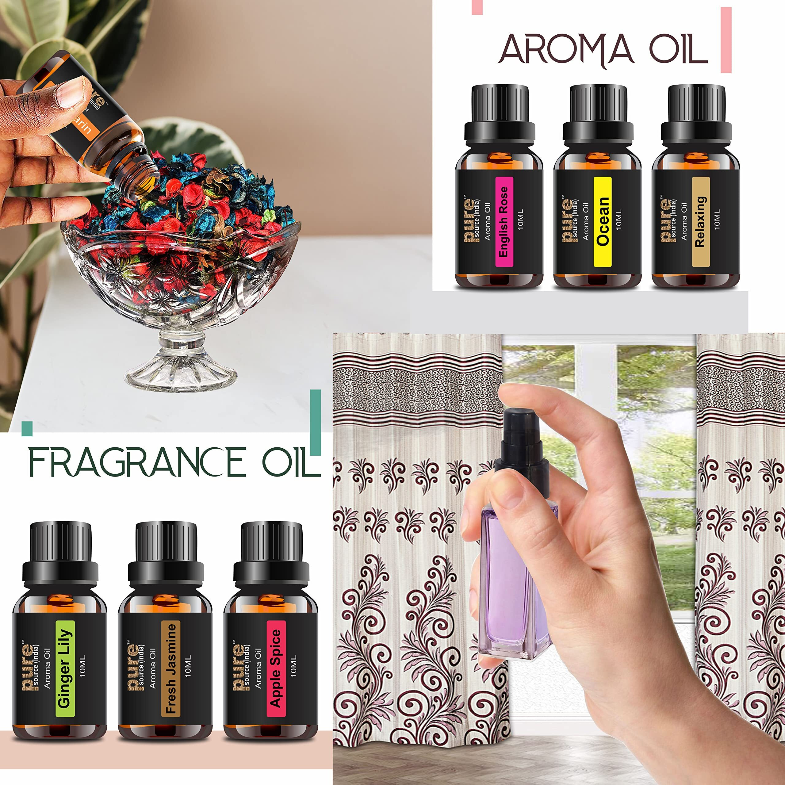 Pure Source India Aroma Diffuser Oil (Relaxing, English Rose, Fresh Jasmine, Apple Spice, Ocean And Ginger Lily), 10Ml Each, Multicolor - Pack Of 6