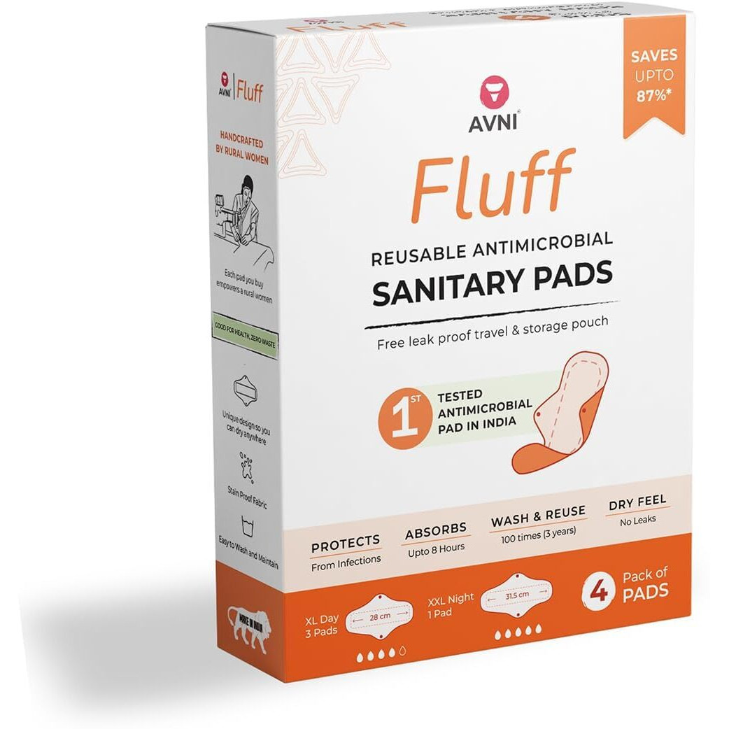 Avni - Fluff Reusable Cloth Pads, Pack Of 4, Xxxl (36 Cm) | Antimicrobial Washable Cloth Sanitary Pad | With Cloth Storage Pouch