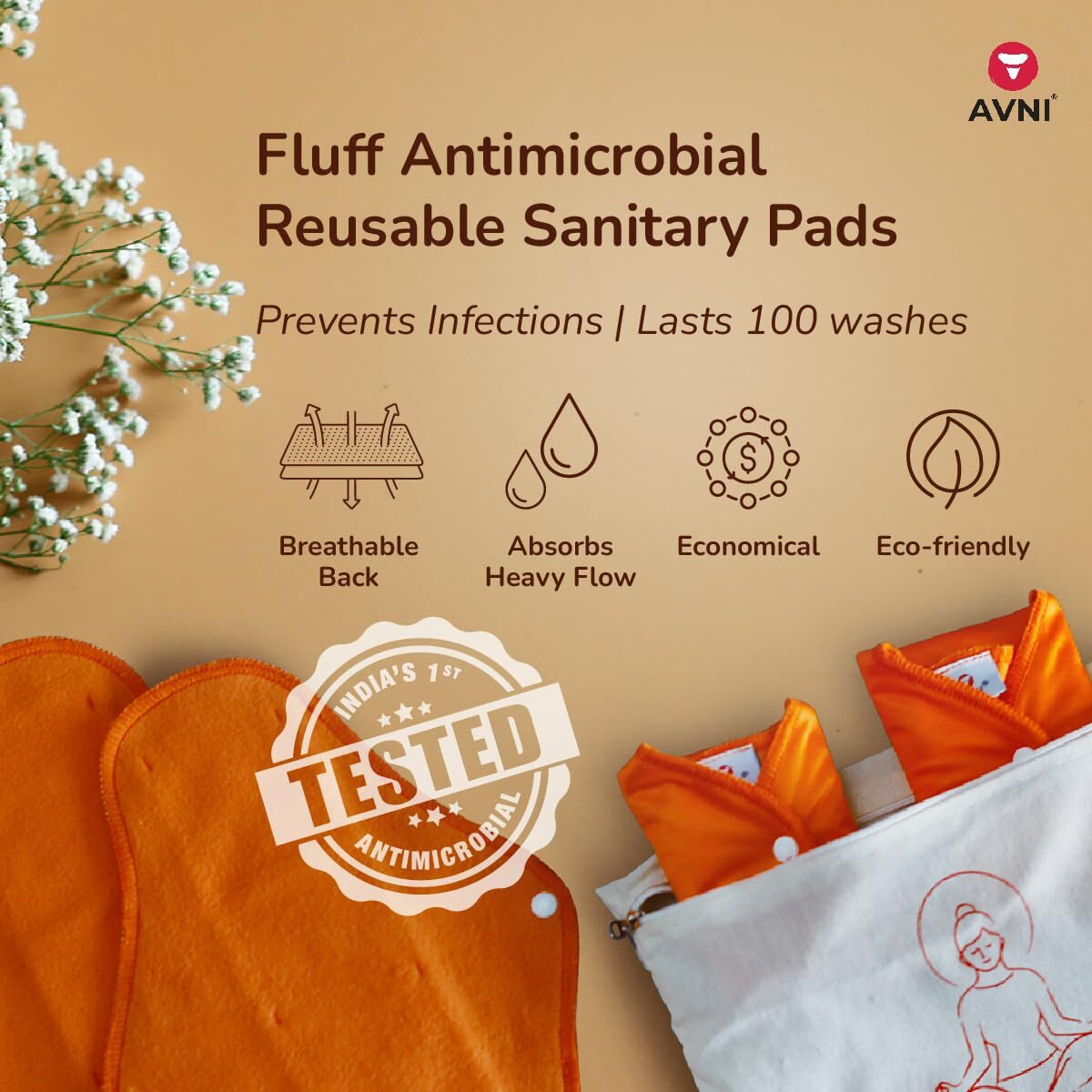 Avni - Fluff Reusable Cloth Pads, Pack Of 4, Xxxl (36 Cm) | Antimicrobial Washable Cloth Sanitary Pad | With Cloth Storage Pouch