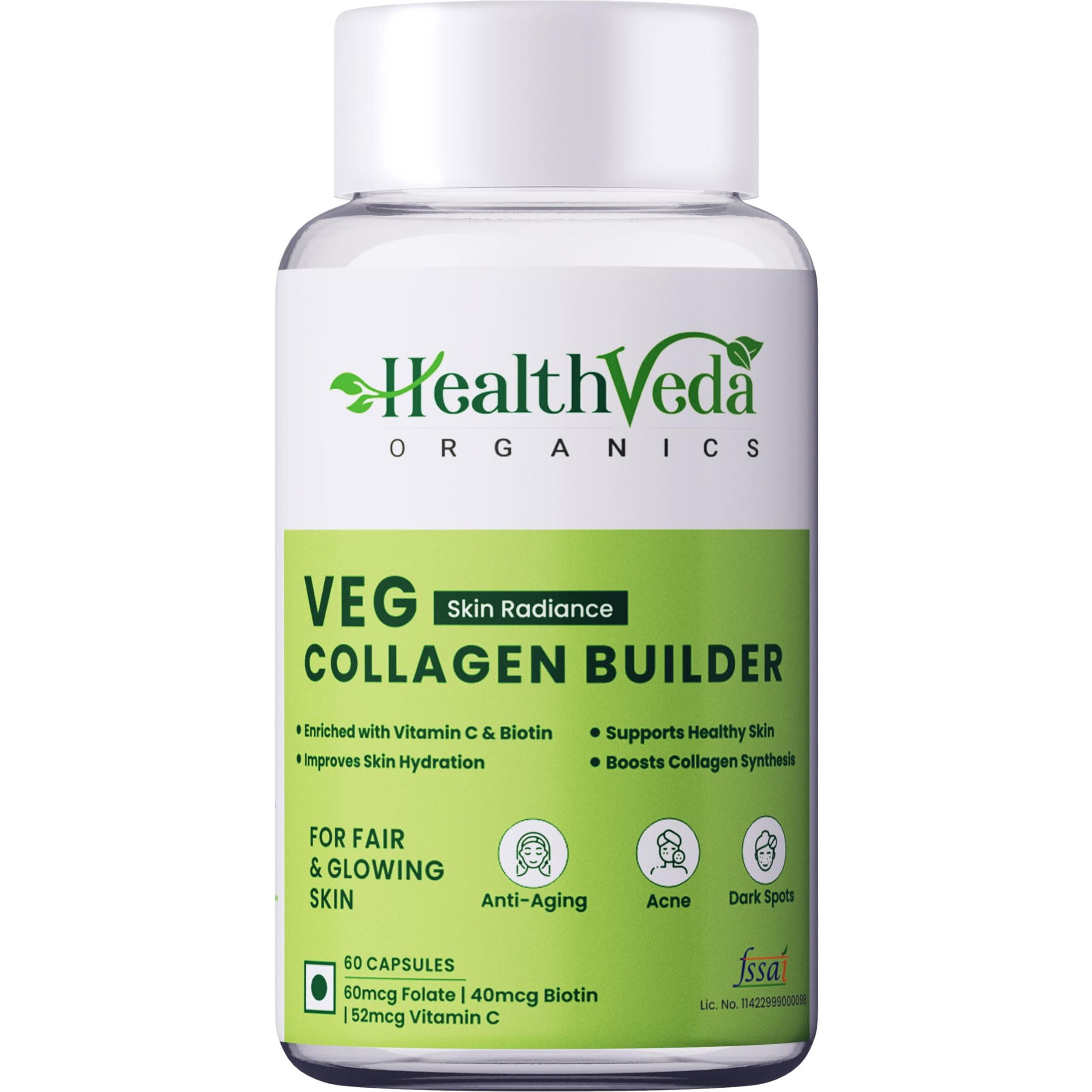 Health Veda Organics Plant Based Skin Radiance Collagen Builder With Vitamin C & Biotin, 800 Mg, 60 Veg Capsules | Skin Cell Renewal & Protection For Healthy & Young-Looking Skin | For Men & Women