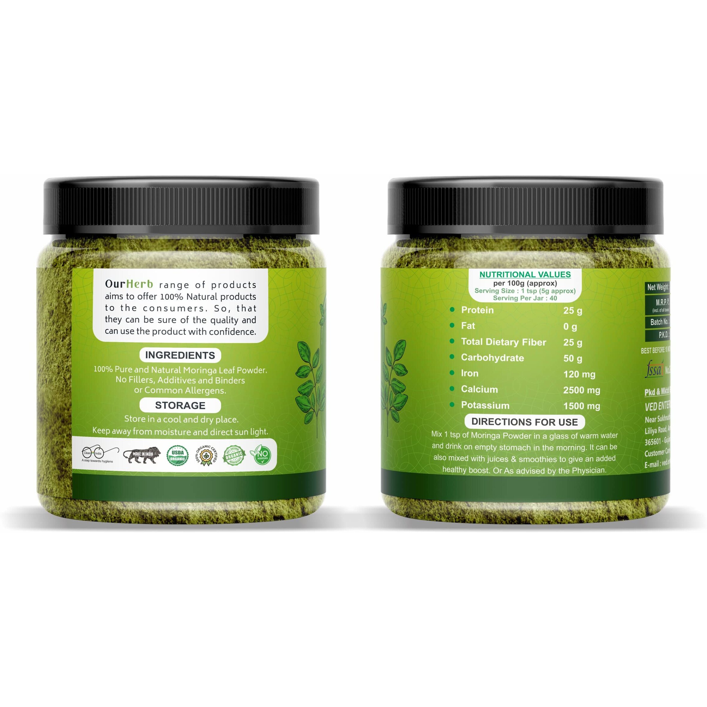 Ourherb Organic Moringa Powder 200G | 100% Pure Moringa Leaf Powder | Ayurvedic Superfood Helps In Immunity, Energy, Weight Loss, Skin & Hair | Non-Gmo, No Preservatives