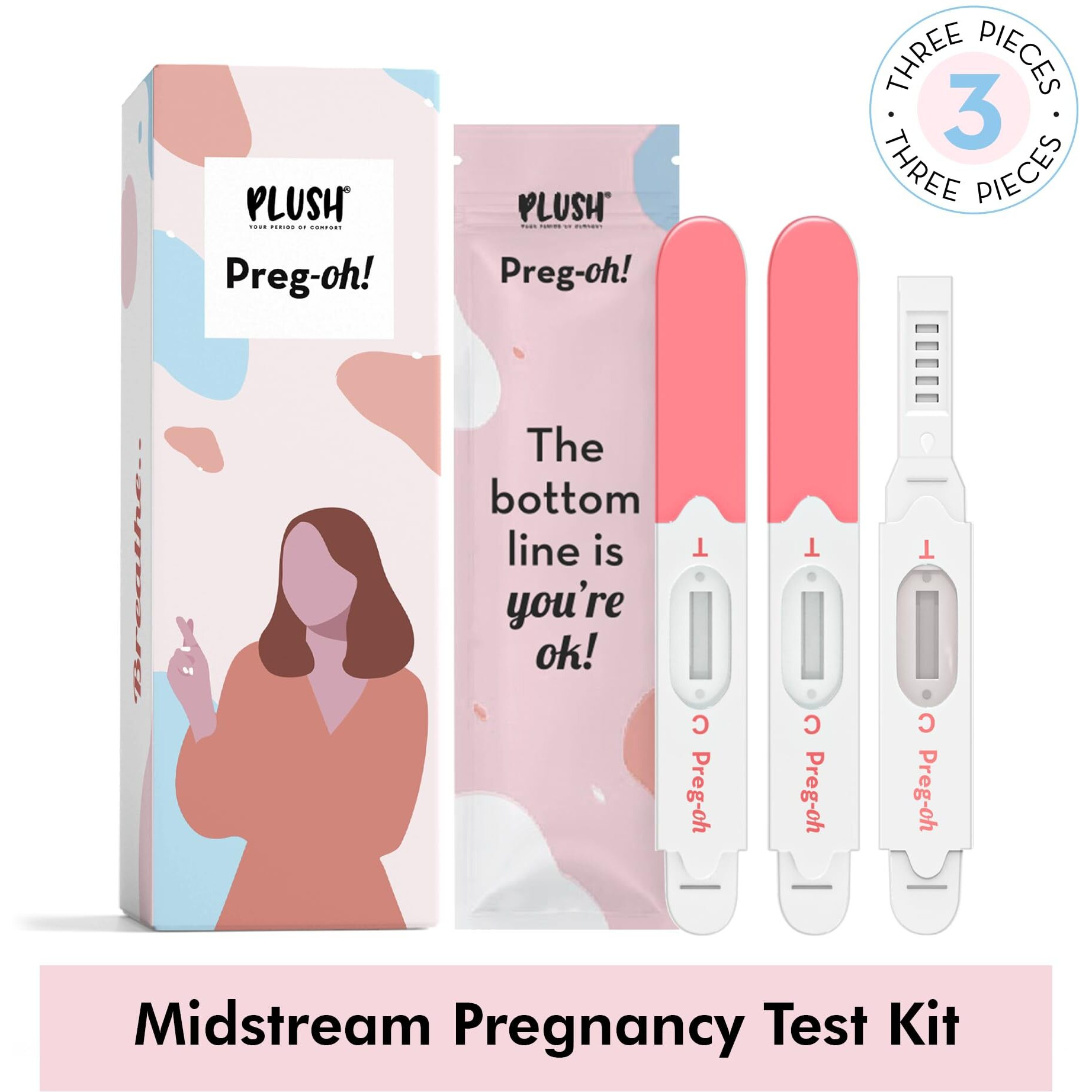 Plush Preg-Oh Midstream Pregnancy Kit Test For Women | Single Step Hygienic Testing Process | 3 Individually Sealed Tests With Manual | 99% Accuracy X Pack Of 3