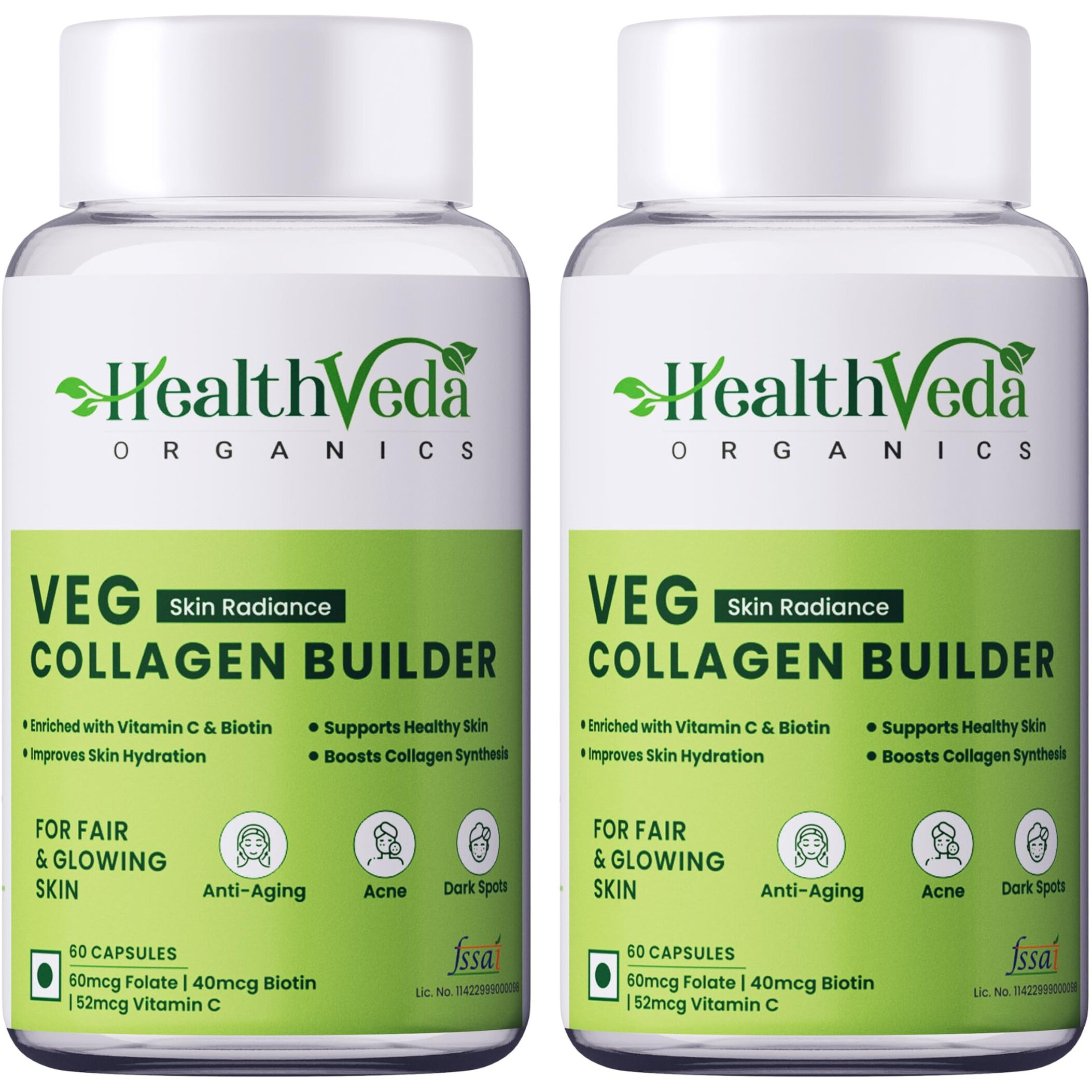 Health Veda Organics Plant Based Skin Radiance Collagen Builder With Vitamin C & Biotin, 800 Mg | 120 Veg Capsules | For Healthy & Young-Looking Skin