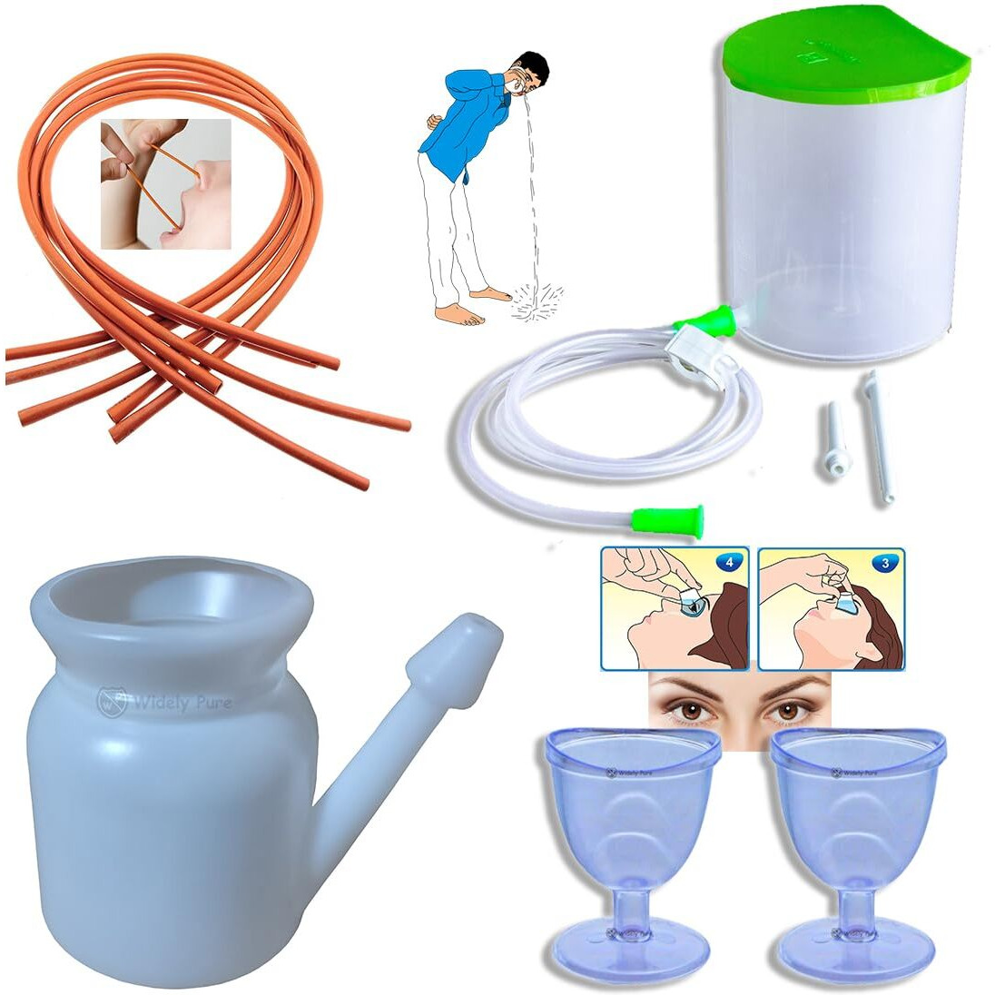 Widely Pure Anema Kit Satvik 1500Ml, Neti Pot Lota 500Ml With 3 Rubber Neti Sutra And 2 Eye Wash Cup With User Manual