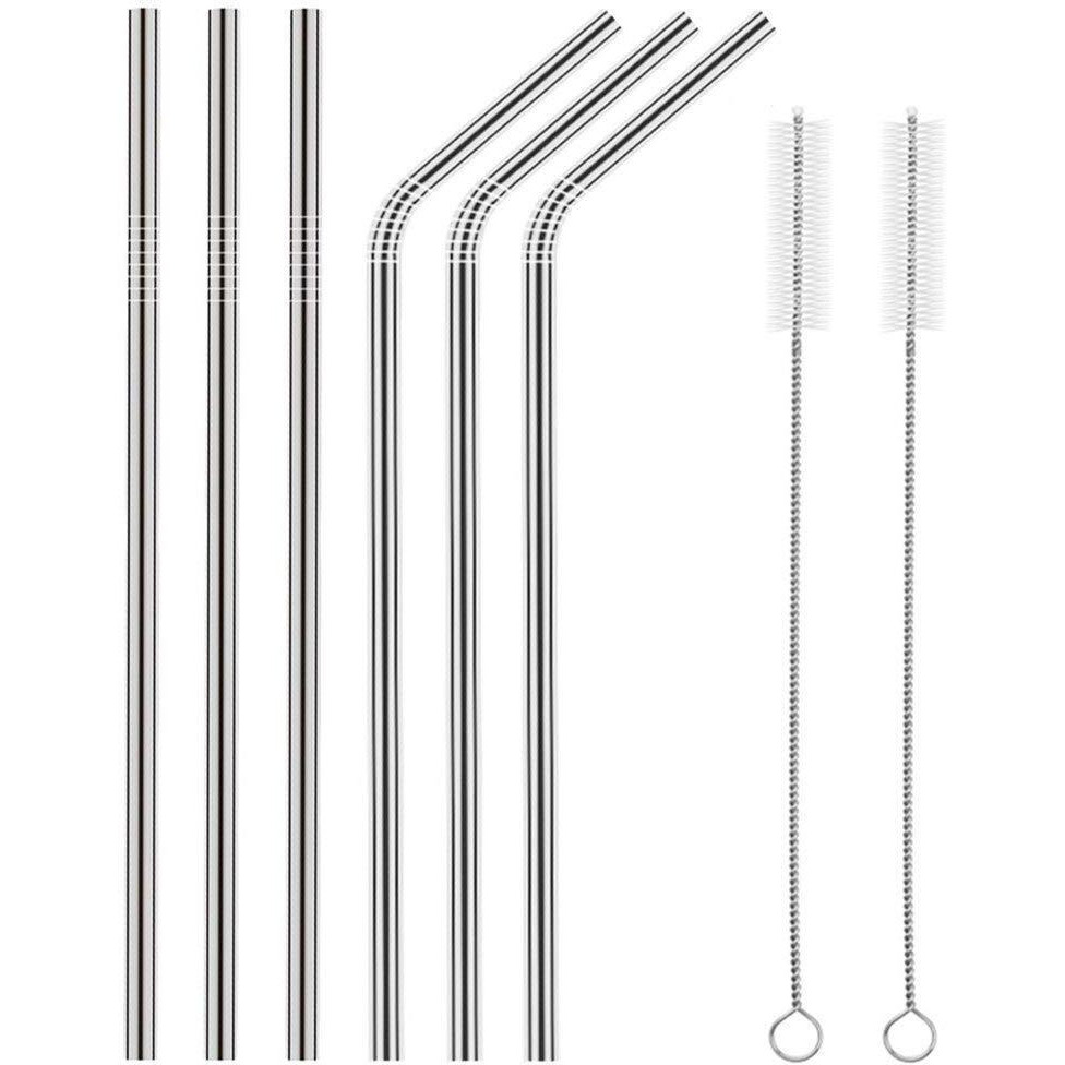 Fancyku Bpa-Free Metal, Thick, Long, Dishwasher Safe Stainless Steel Drinking Straws, 8.5 Inches (3 Bend And 3 Straight And 2 Cleaning Brushes) (Set Of 1)