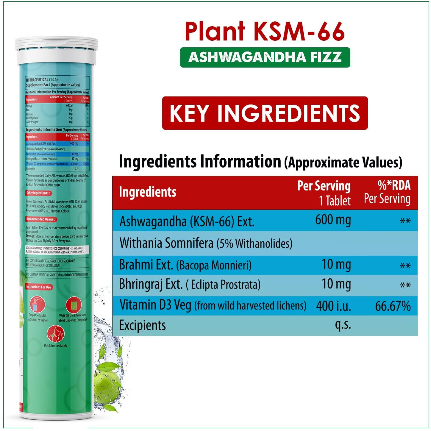 Naturyz Highest Strength 100% Plant Extracted Ksm-66 Ashwagandha 600Mg,Vitamin D3,Fortified With Bhringraj & Brahmi,Muscle Recovery,Energy,Relieve Stress,Immunity-20 Tablets (Green Apple Flavour)