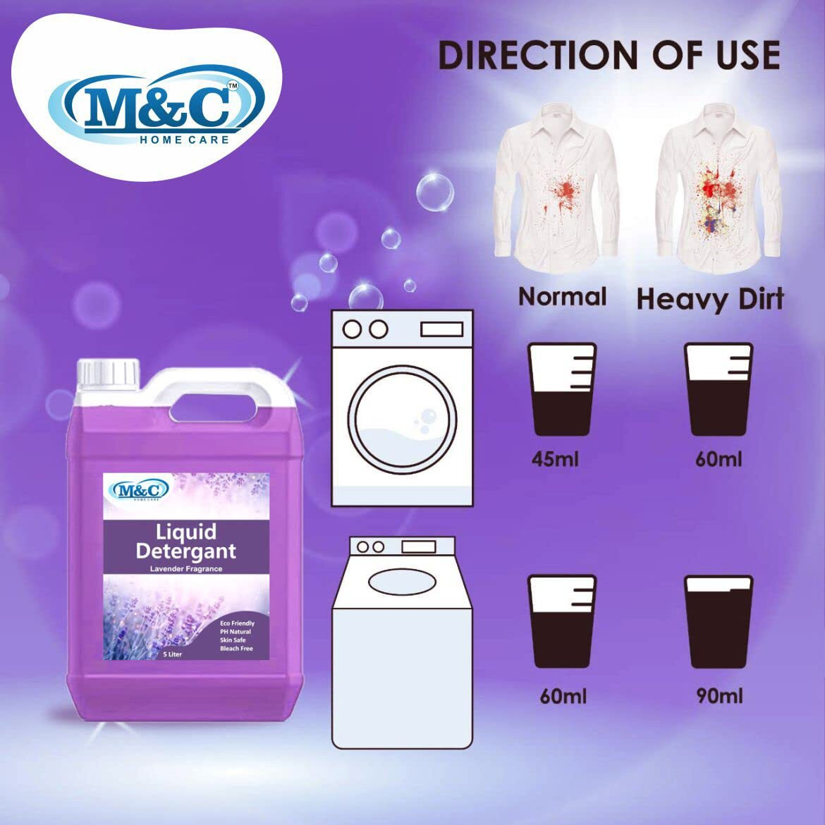 Naivete Liquid Detergent, Laundry Liquid For Fabric Care, Suitable For Top-Load And Front Load Machine And Hand Wash, Concentrated Laundry Detergent (5 Litter) (Lavender Fragranceliquid Detergent)