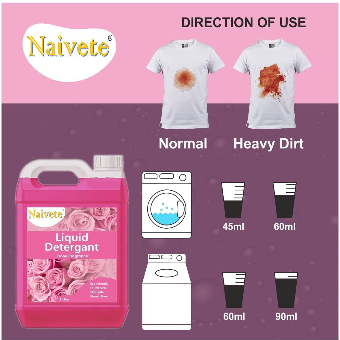 M.N.C Naivete Liquid Detergent, Laundry Liquid For Fabric Care, Suitable For Top-Load And Front Load Machine And Hand Wash, Concentrated Laundry Detergent (5 Litter) (Rore Fragranceliquid Detergent)