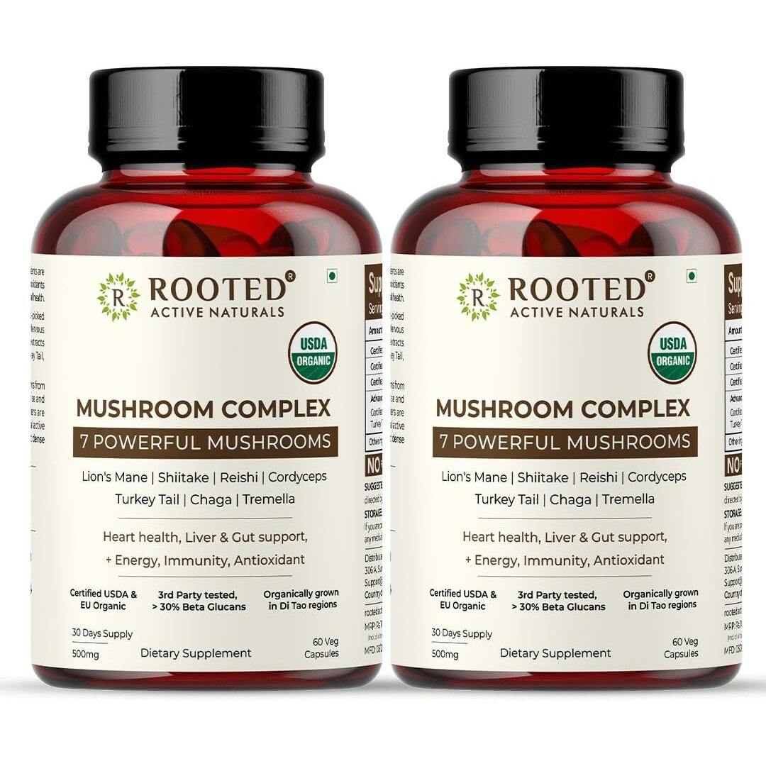 Rooted Mushroom Complex - 7 Mushrooms Blend For Heart, Liver, Gut, Energy & Immunity (120 Veg Caps, 500 Mg) |Usda Organic, > 30% Beta Glucans Pack Of - 2