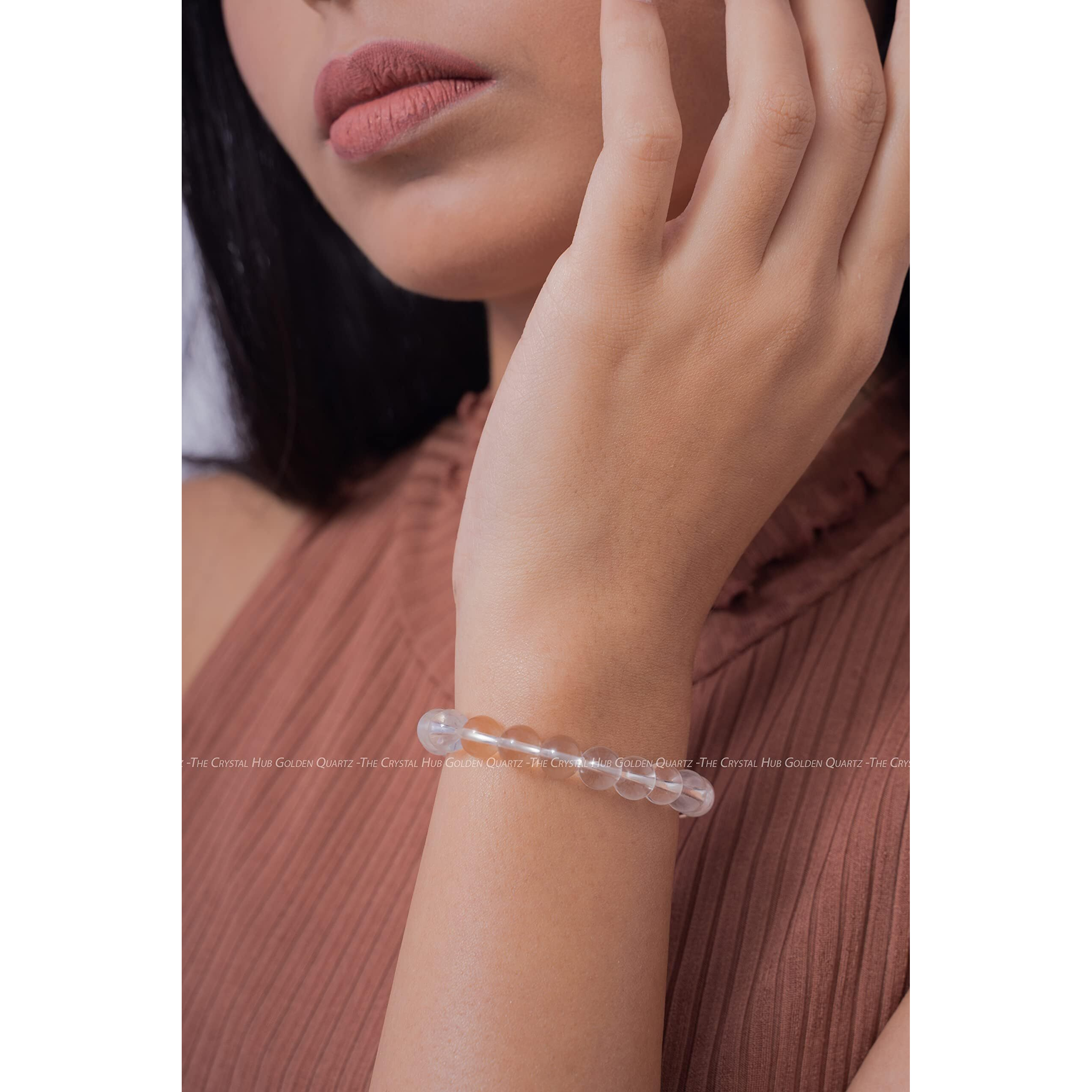 Golden Quartz - The Crystal Hub Clear Quartz Bracelet For Woman & Men, Certified Natural Healing Crystal Enhances Clearity, Focus & Used In Meditation, Beads Size 8Mm