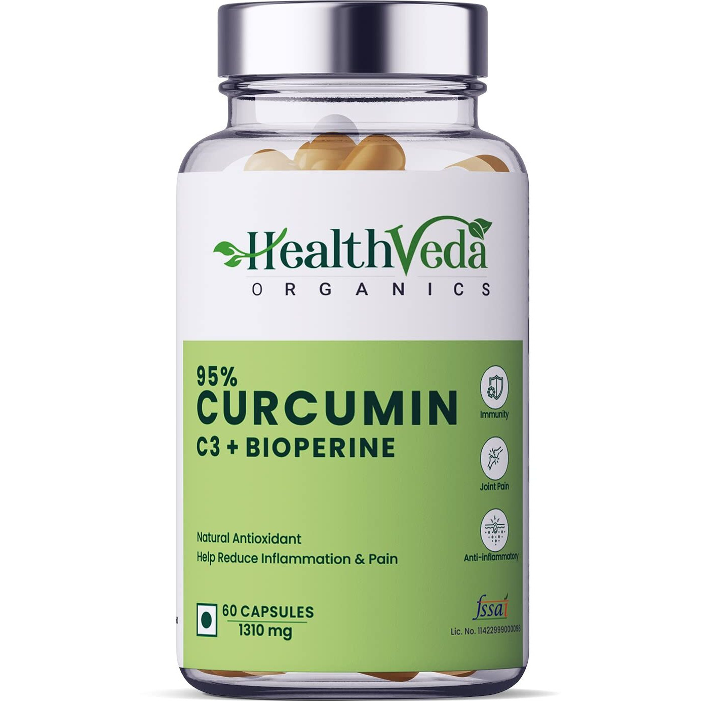 Health Veda Organics Private Limited Curcumin C3 + Bioperine Supplements, 1310 Mg | 60 Veg Capsules | Supports Joint & Muscle Health | Better Absorption | Boost Immunity | For Men & Women