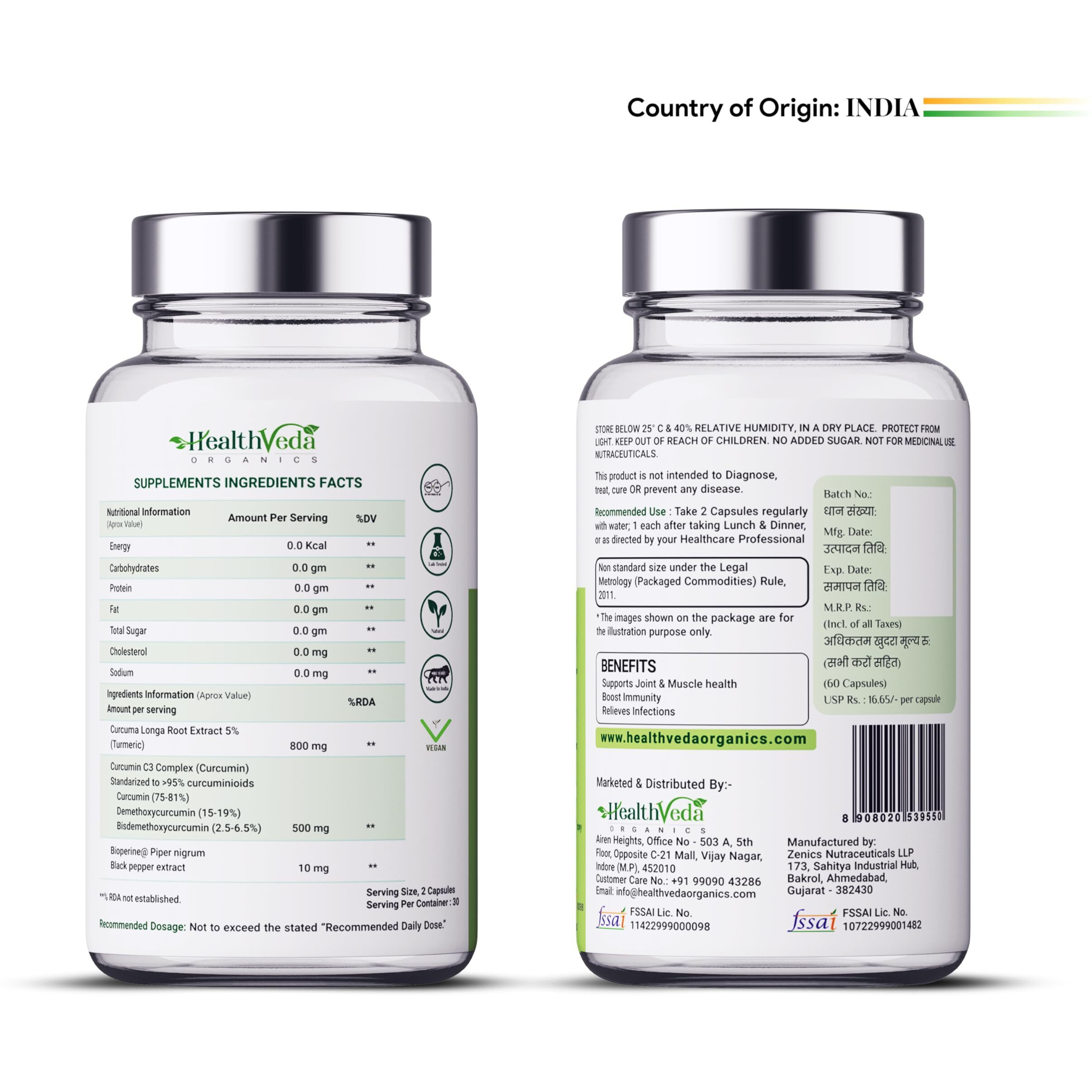 Health Veda Organics Private Limited Curcumin C3 + Bioperine Supplements, 1310 Mg | 60 Veg Capsules | Supports Joint & Muscle Health | Better Absorption | Boost Immunity | For Men & Women