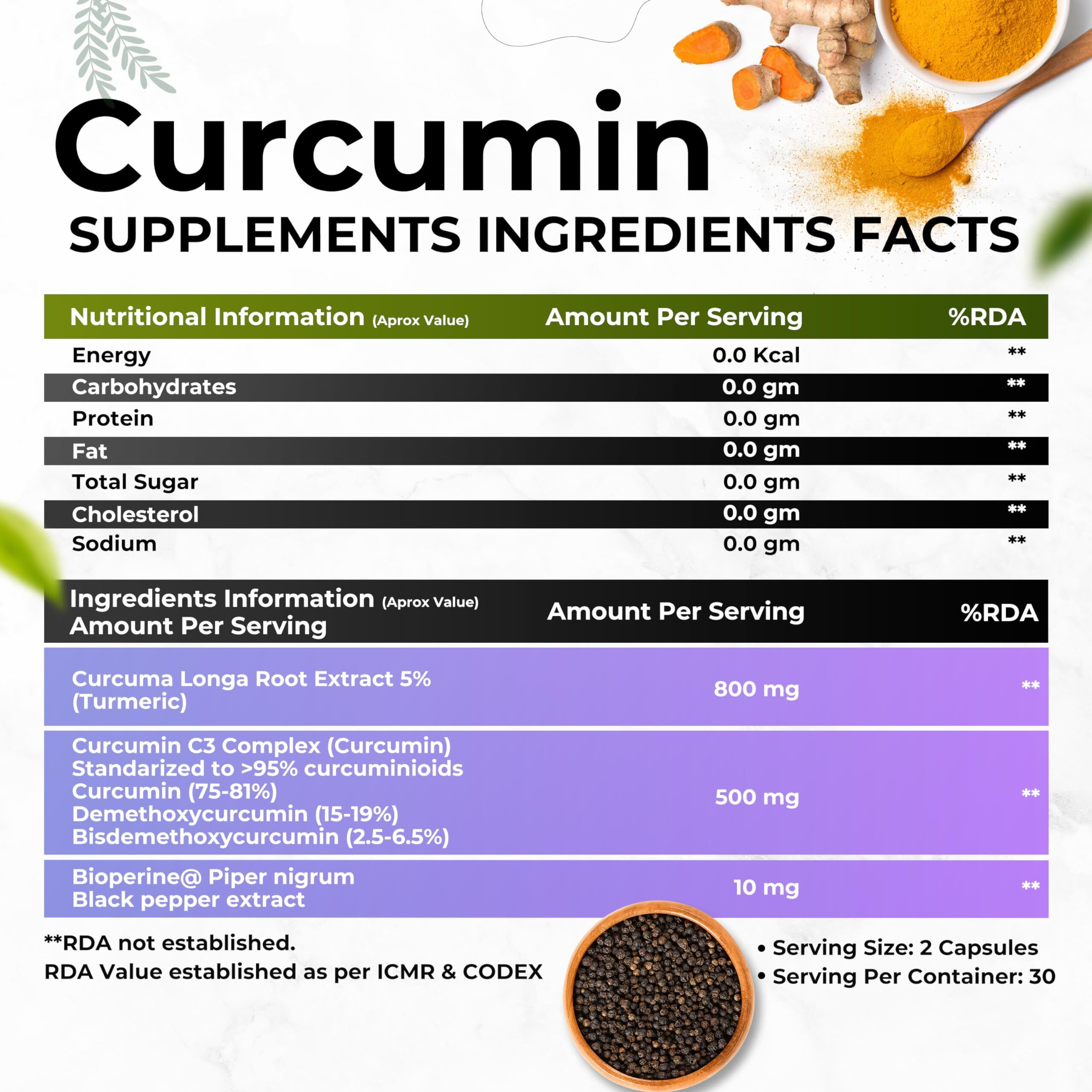 Health Veda Organics Private Limited Curcumin C3 + Bioperine Supplements, 1310 Mg | 60 Veg Capsules | Supports Joint & Muscle Health | Better Absorption | Boost Immunity | For Men & Women